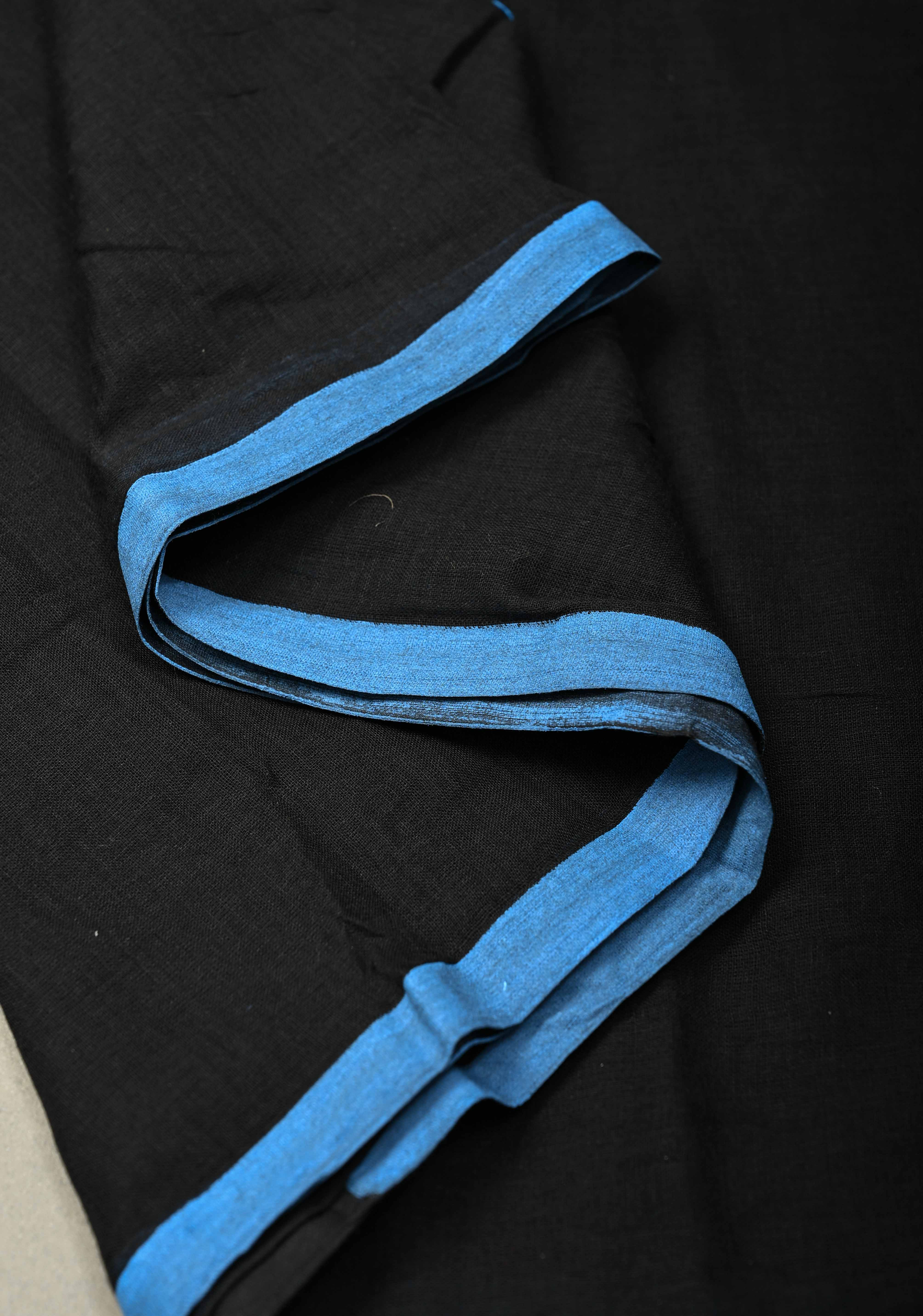 Black Mulmul Cotton Saree with Blue Long Tassels, No Blouse Piece | Shobitam