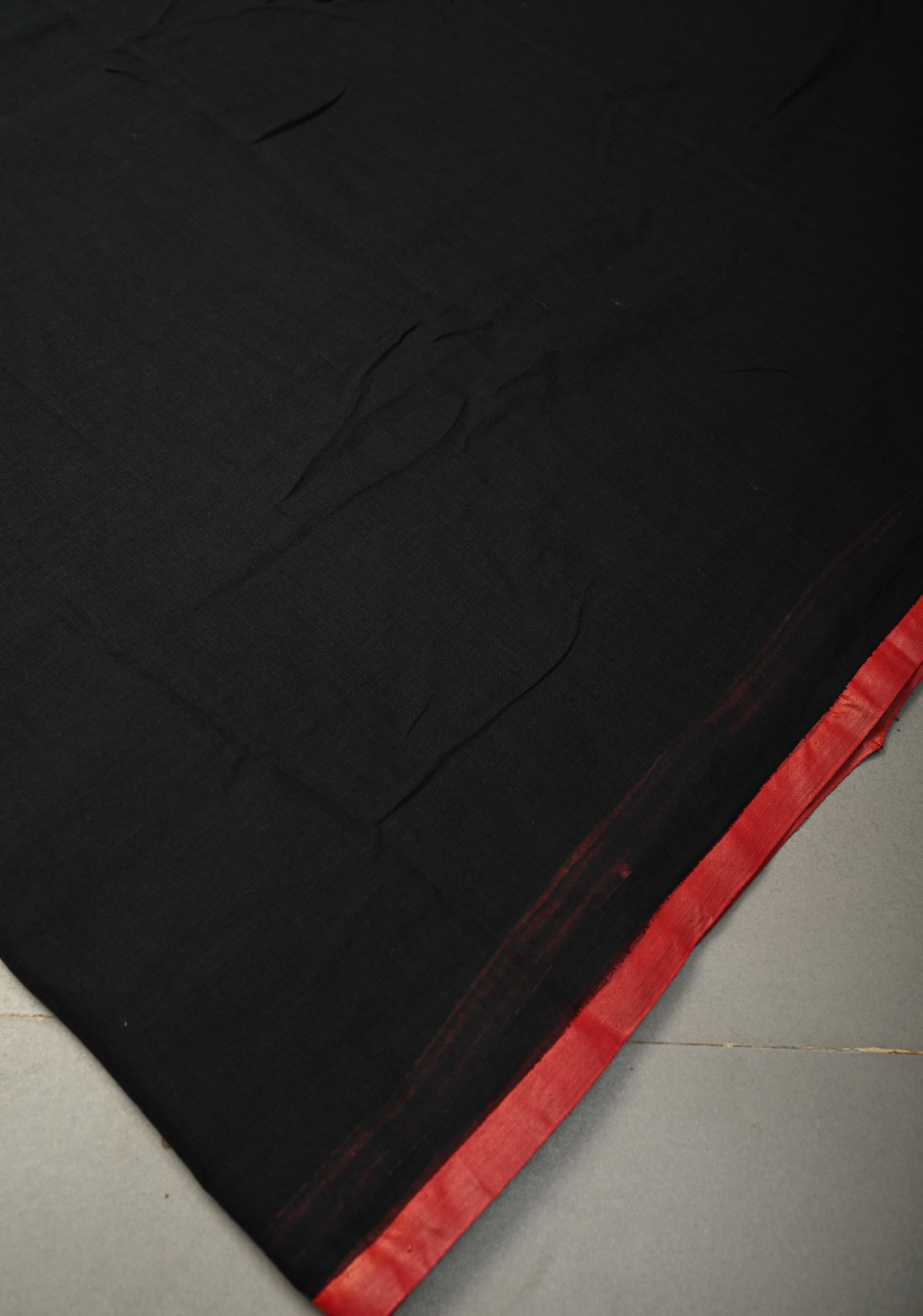 Black Mulmul Cotton Saree with Red Long Tassels, No Blouse Piece
