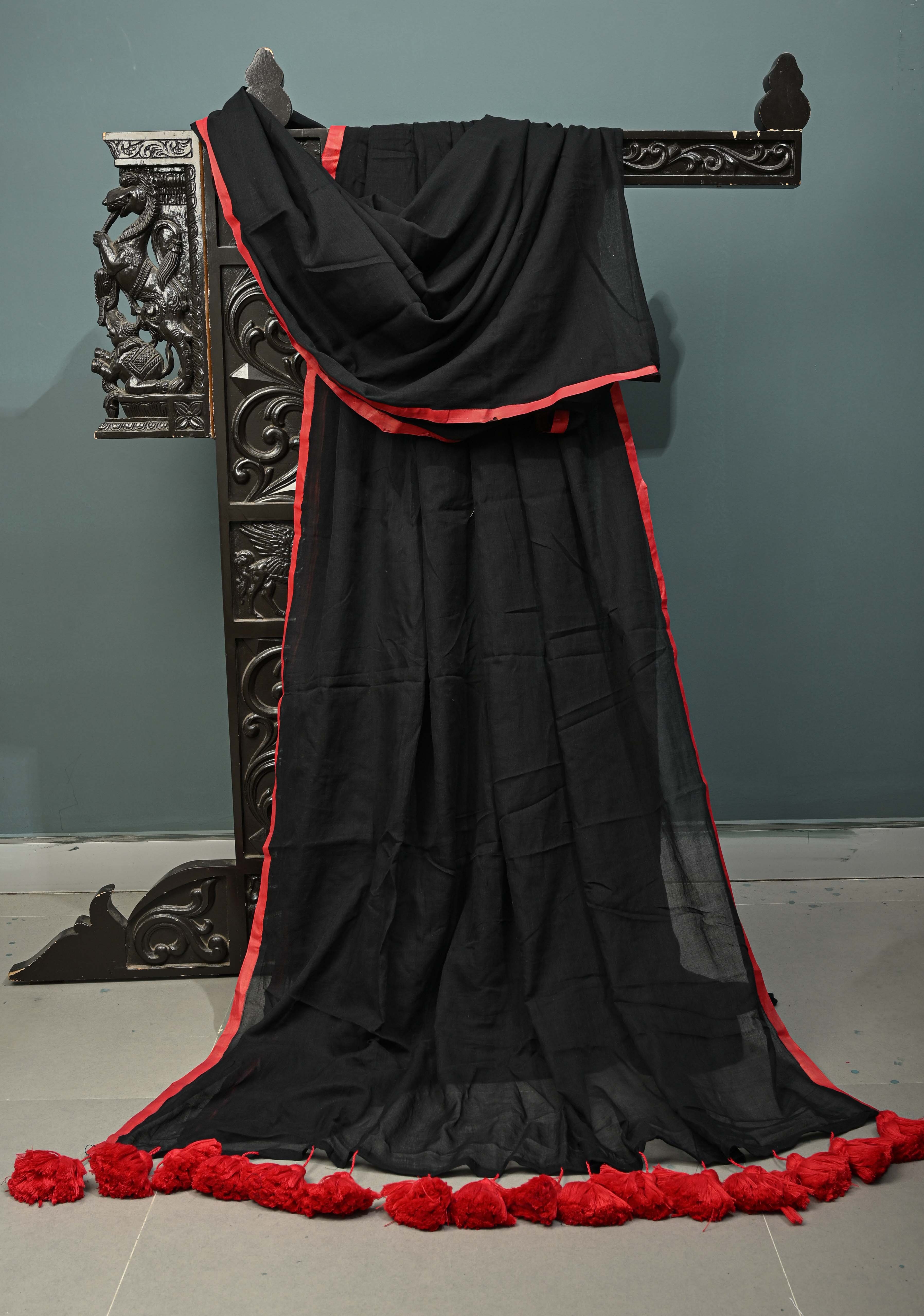 Black Mulmul Cotton Saree with Red Long Tassels, No Blouse Piece