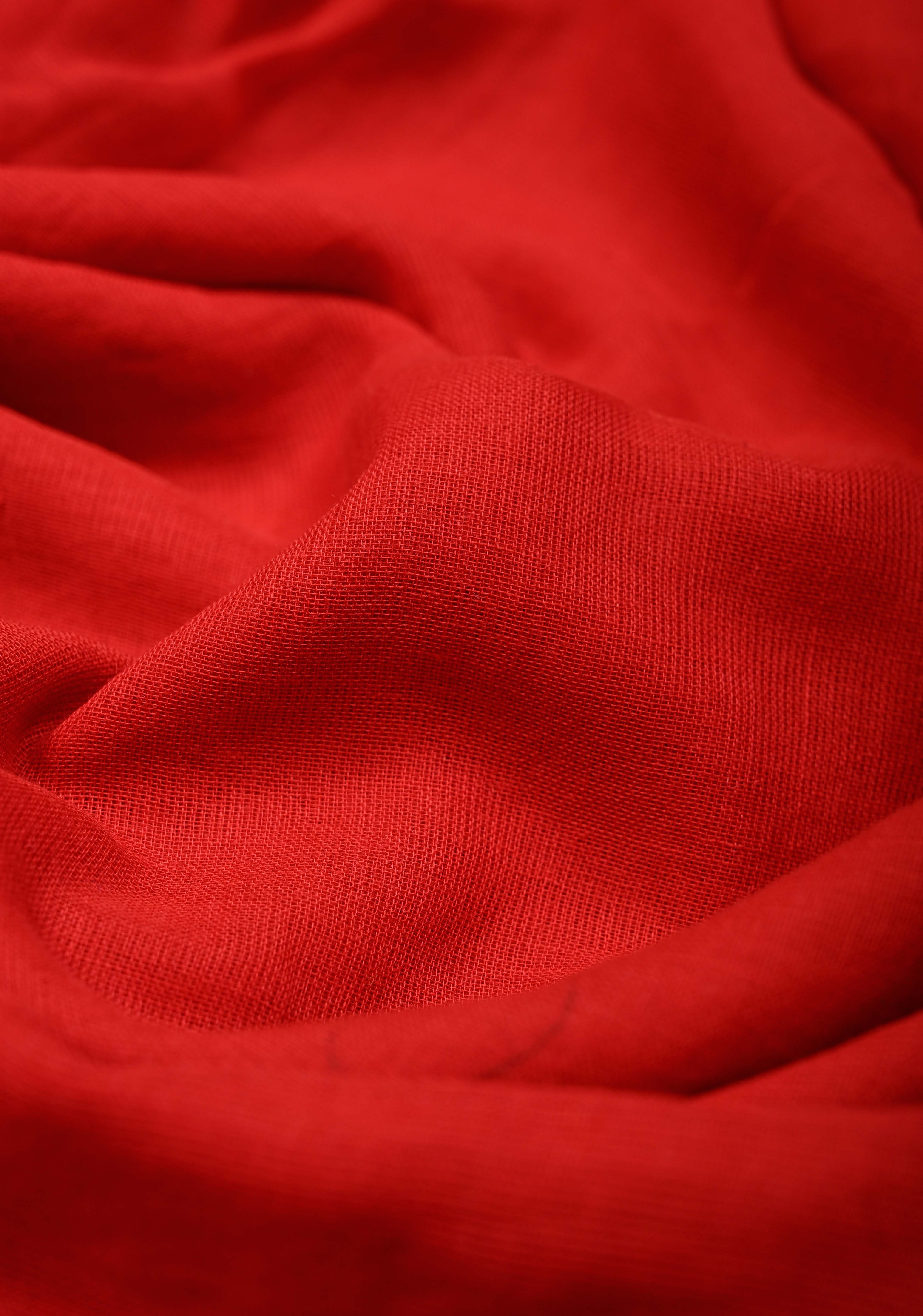 Blood Red  Mulmul Cotton Saree with Long Black Tassels, No Blouse Piece | Shobitam