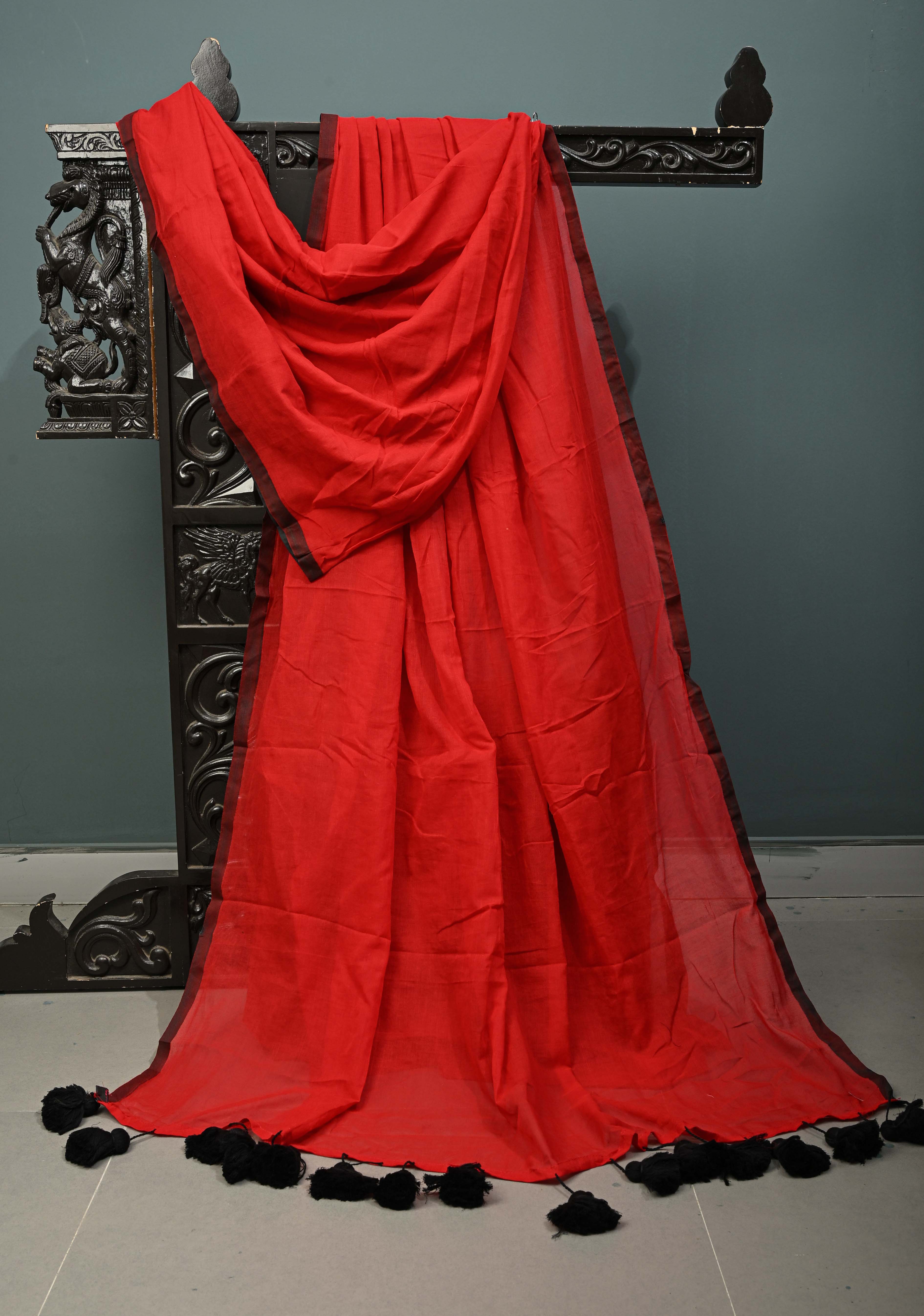 Blood Red  Mulmul Cotton Saree with Long Black Tassels, No Blouse Piece | Shobitam