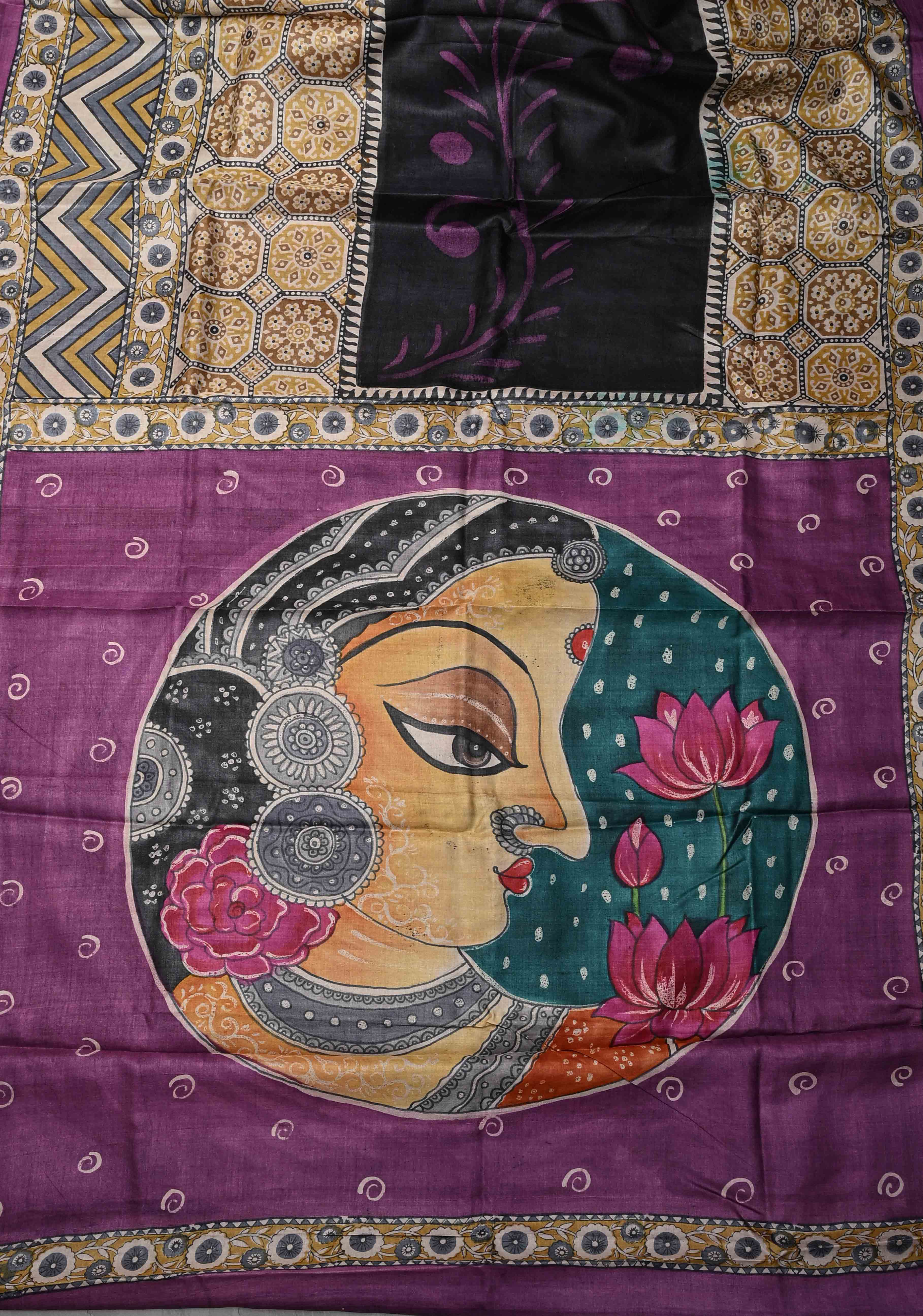 Black Jari Tussar Silk saree with Ajrakh Handblock Print and Sita Face Handpainting motifs on Pallu | SILK MARK CERTIFIED | Shobitam