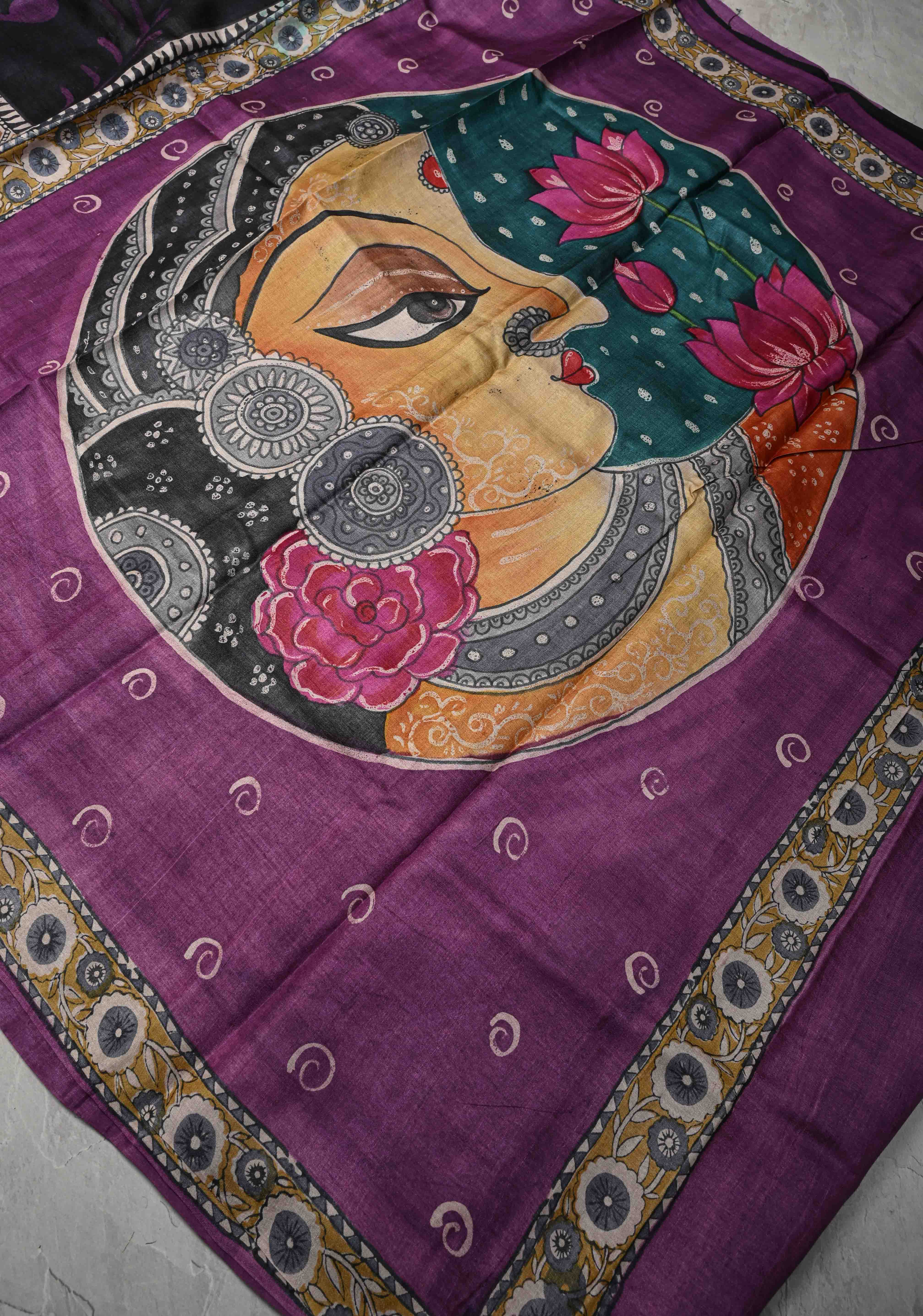 Black Jari Tussar Silk saree with Ajrakh Handblock Print and Sita Face Handpainting motifs on Pallu | SILK MARK CERTIFIED | Shobitam