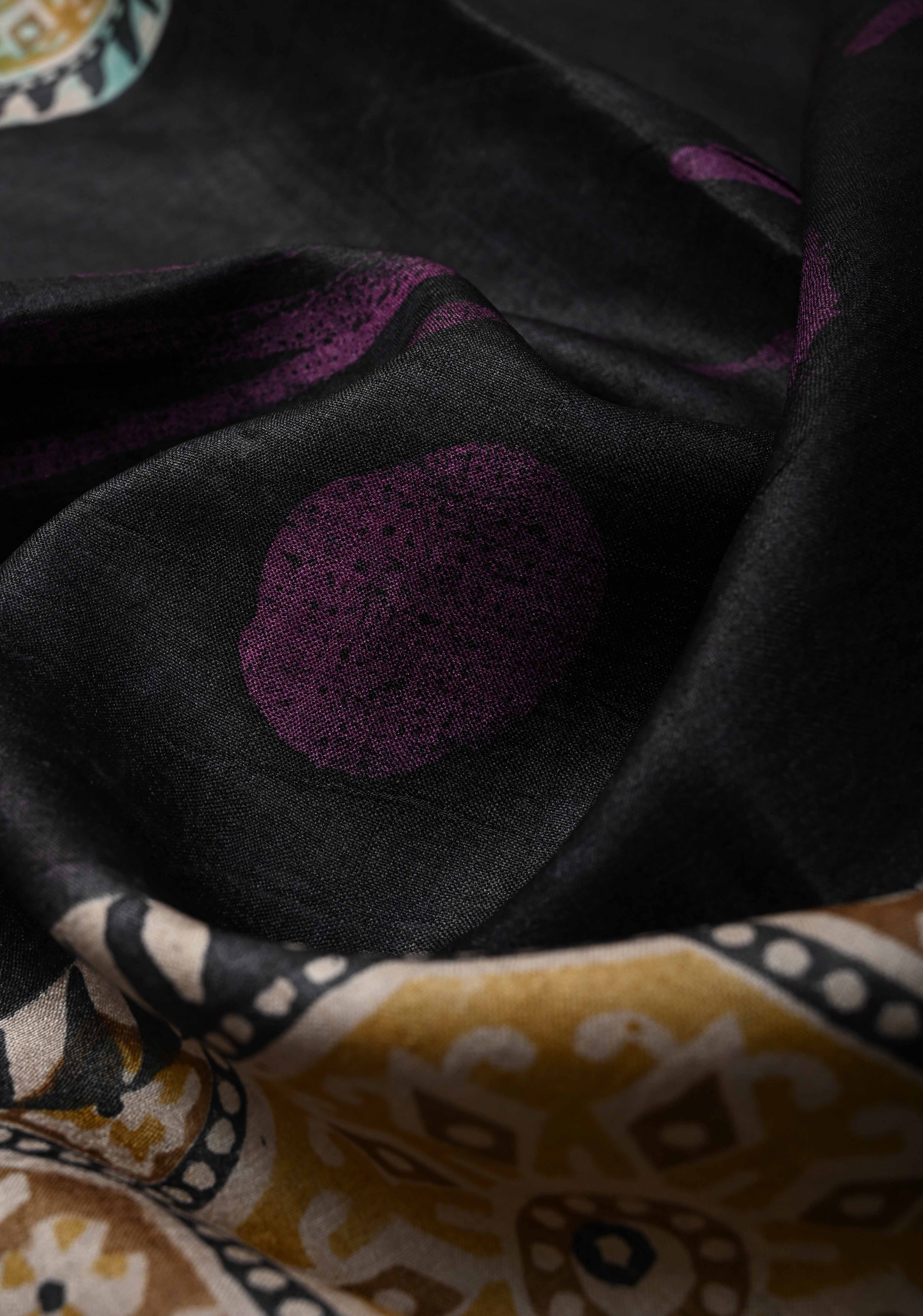 Black Jari Tussar Silk saree with Ajrakh Handblock Print and Sita Face Handpainting motifs on Pallu | SILK MARK CERTIFIED | Shobitam