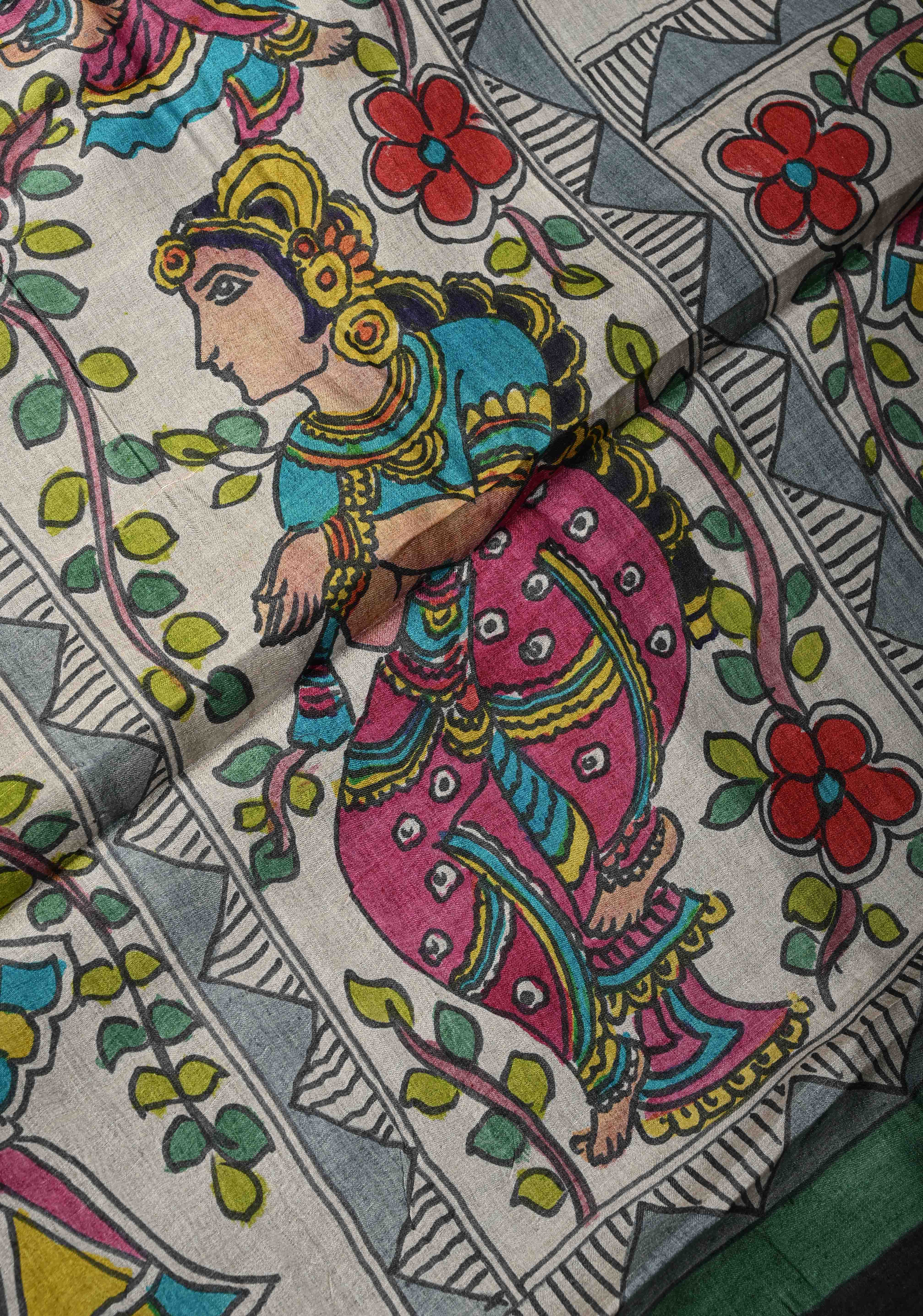 Black Lightweight Tussar Silk saree with Kalamkari Style  Hand painted | SILK MARK CERTIFIED | Shobitam