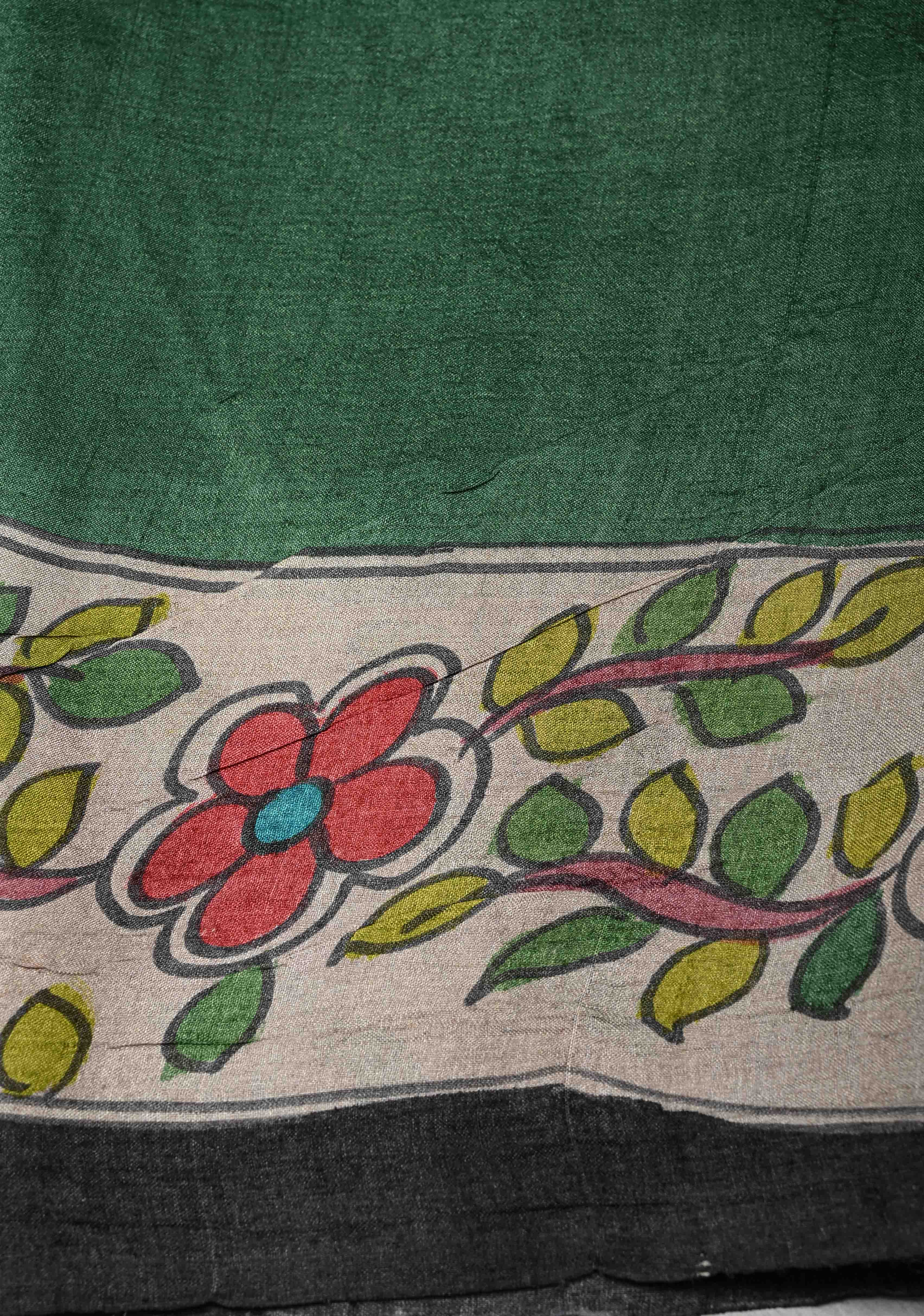 Black Lightweight Tussar Silk saree with Kalamkari Style  Hand painted | SILK MARK CERTIFIED | Shobitam