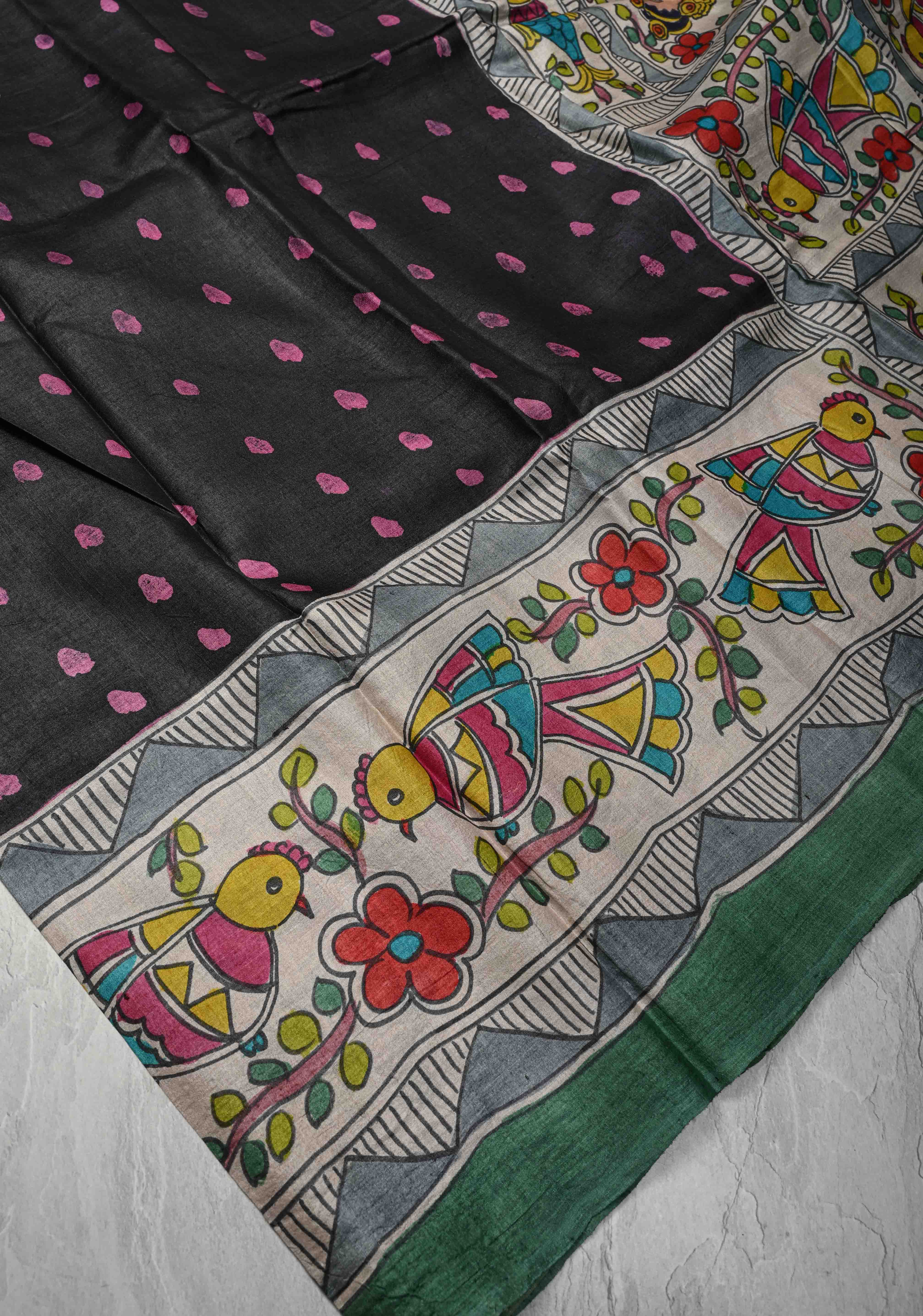 Black Lightweight Tussar Silk saree with Kalamkari Style  Hand painted | SILK MARK CERTIFIED | Shobitam