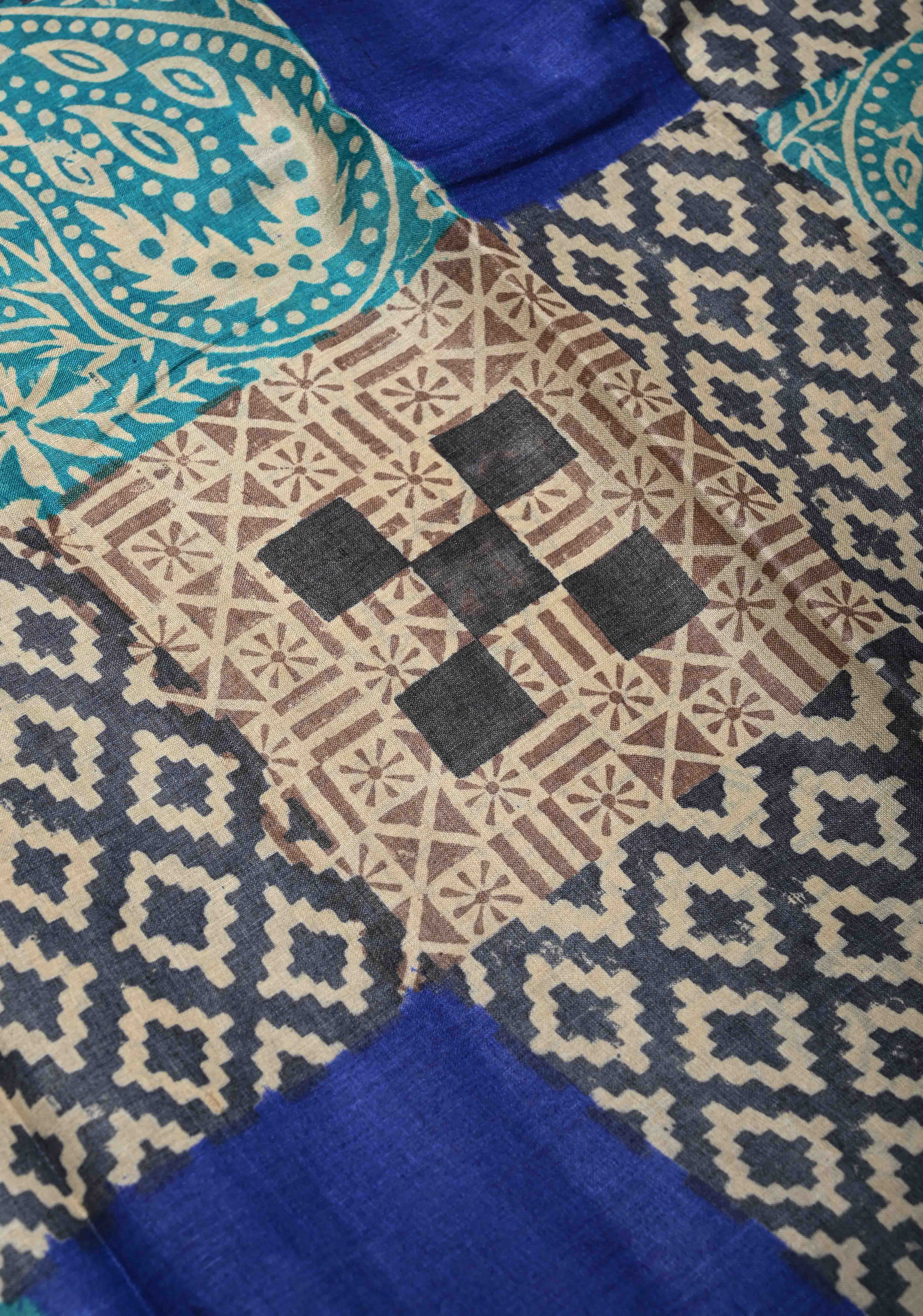 Collage design Jari Tussar Silk saree with Contemporary Geometric Handblock Print | SILK MARK CERTIFIED | Shobitam