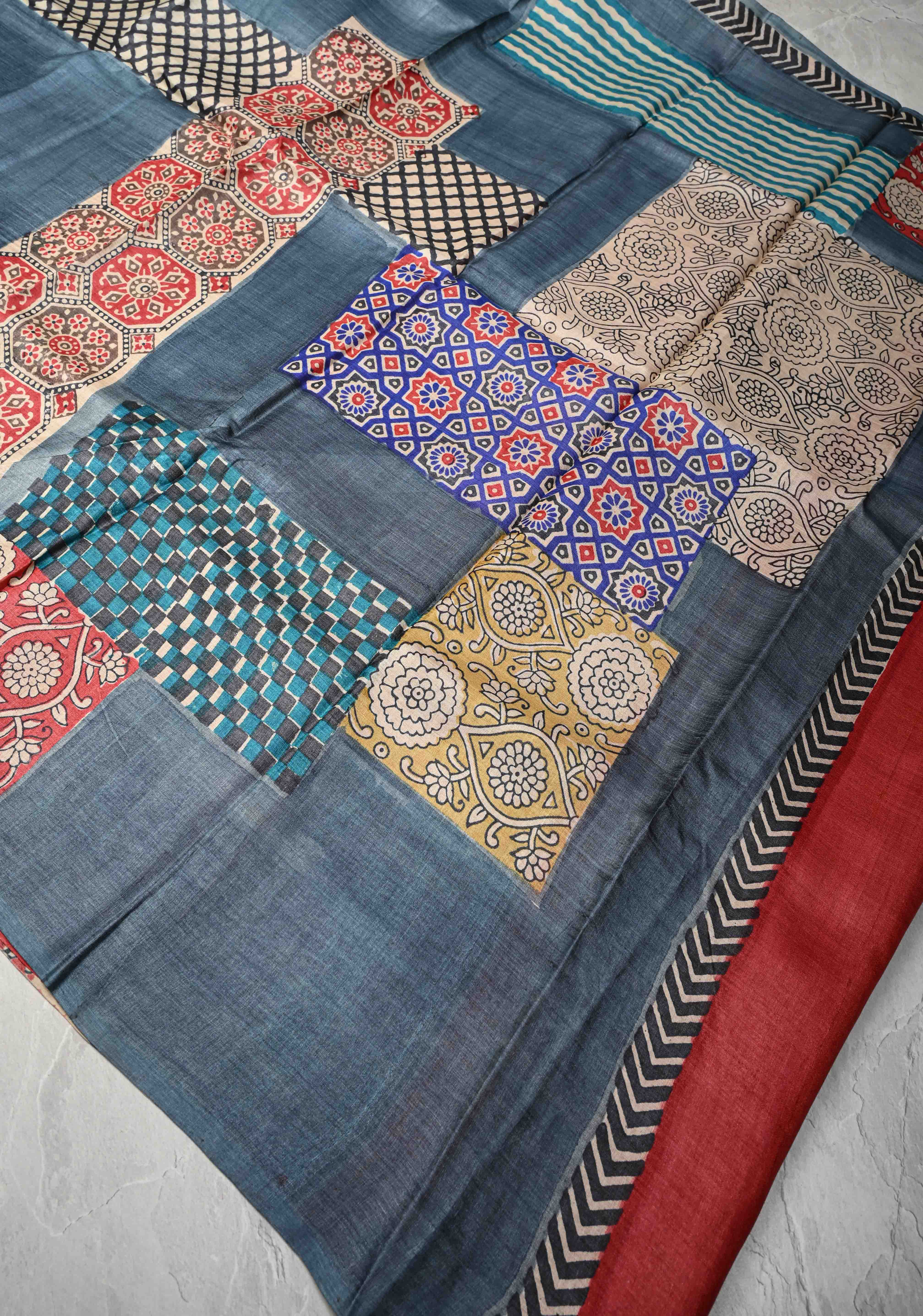 Greyish Blue Tussar Silk saree with Patch work Pattern Print | SILK MARK CERTIFIED | Shobitam