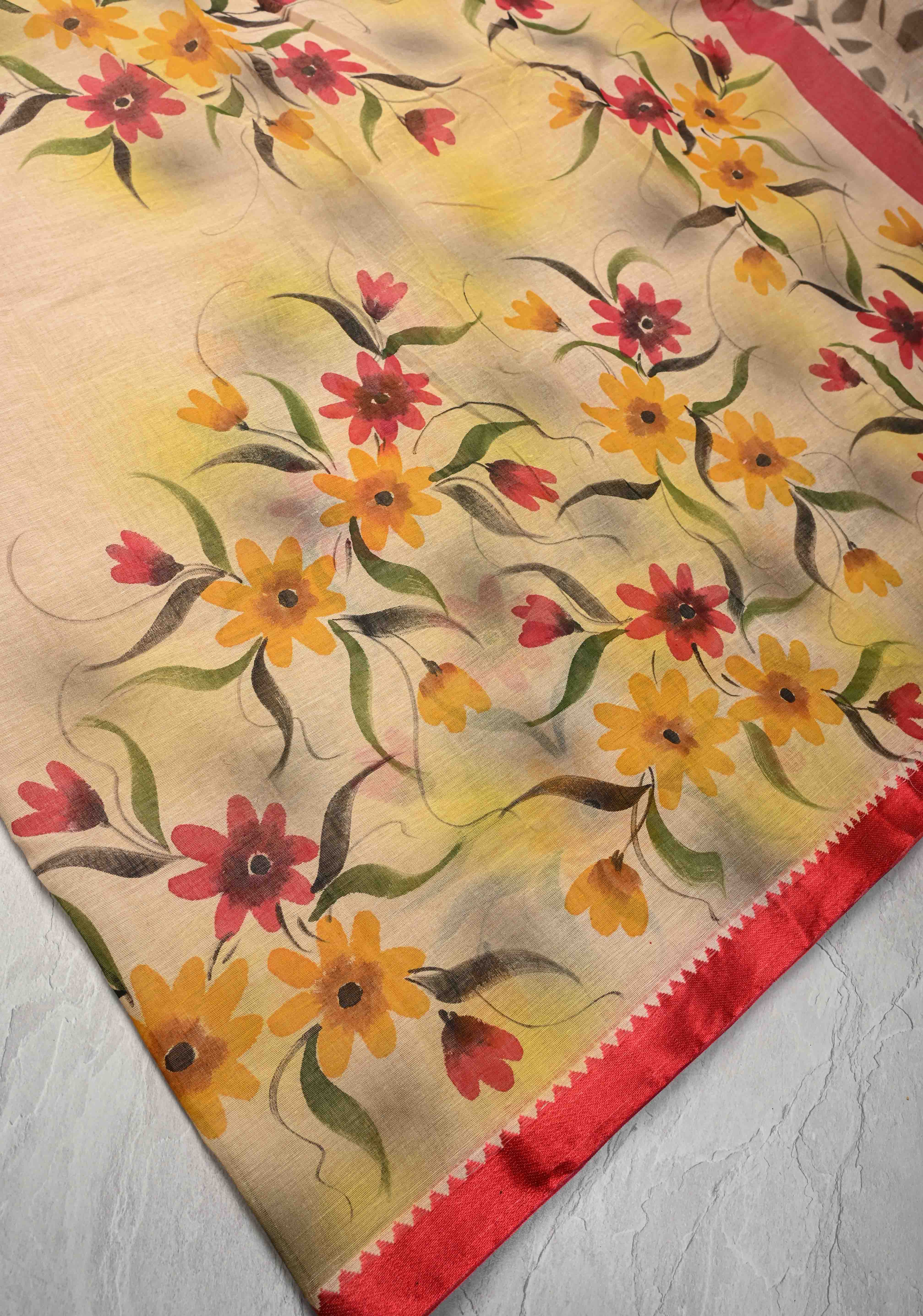 Beige Cotton Saree with Floral Handpainting and Minimal Borders , No Blouse Piece | Shobitam