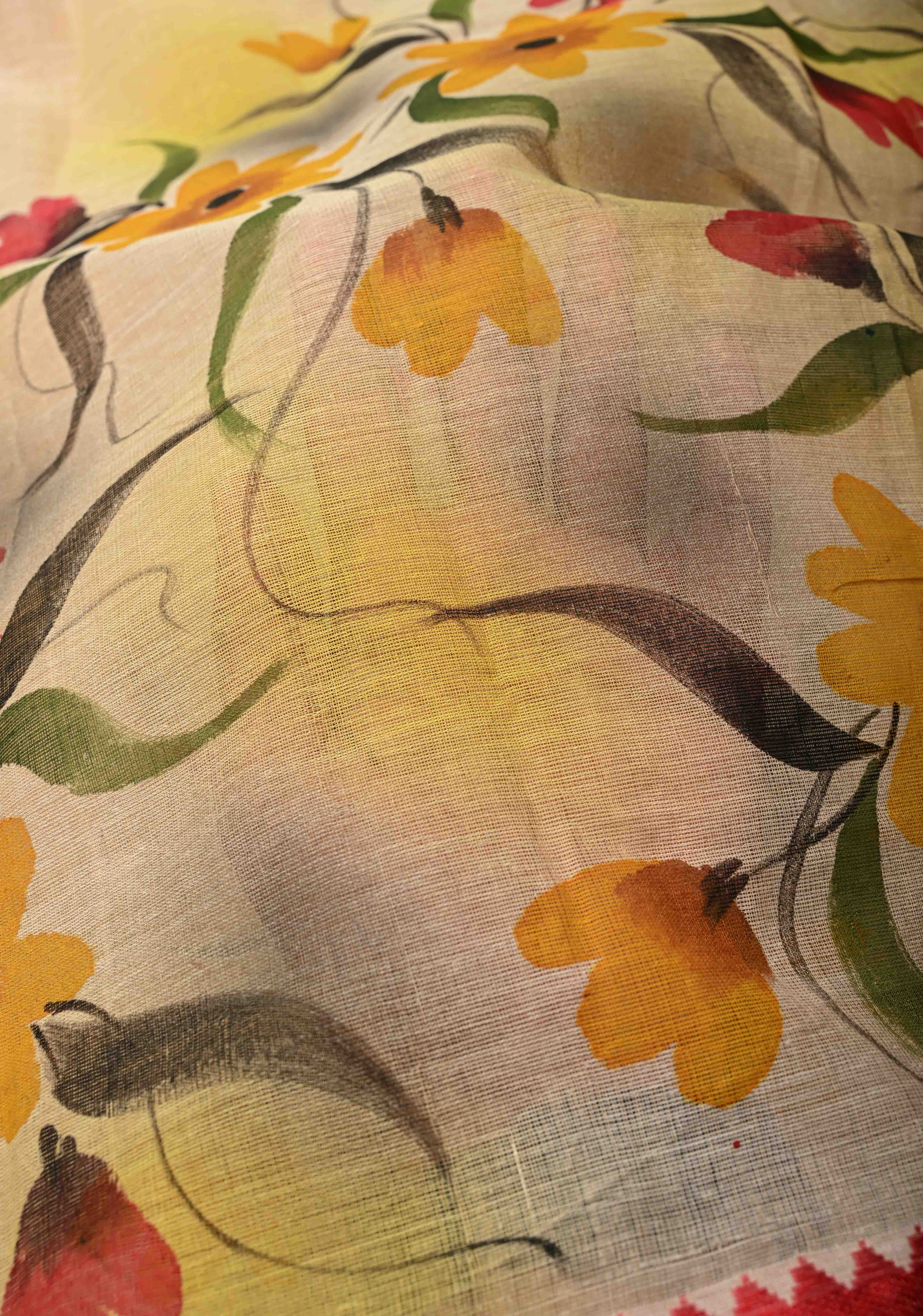 Beige Cotton Saree with Floral Handpainting and Minimal Borders , No Blouse Piece | Shobitam