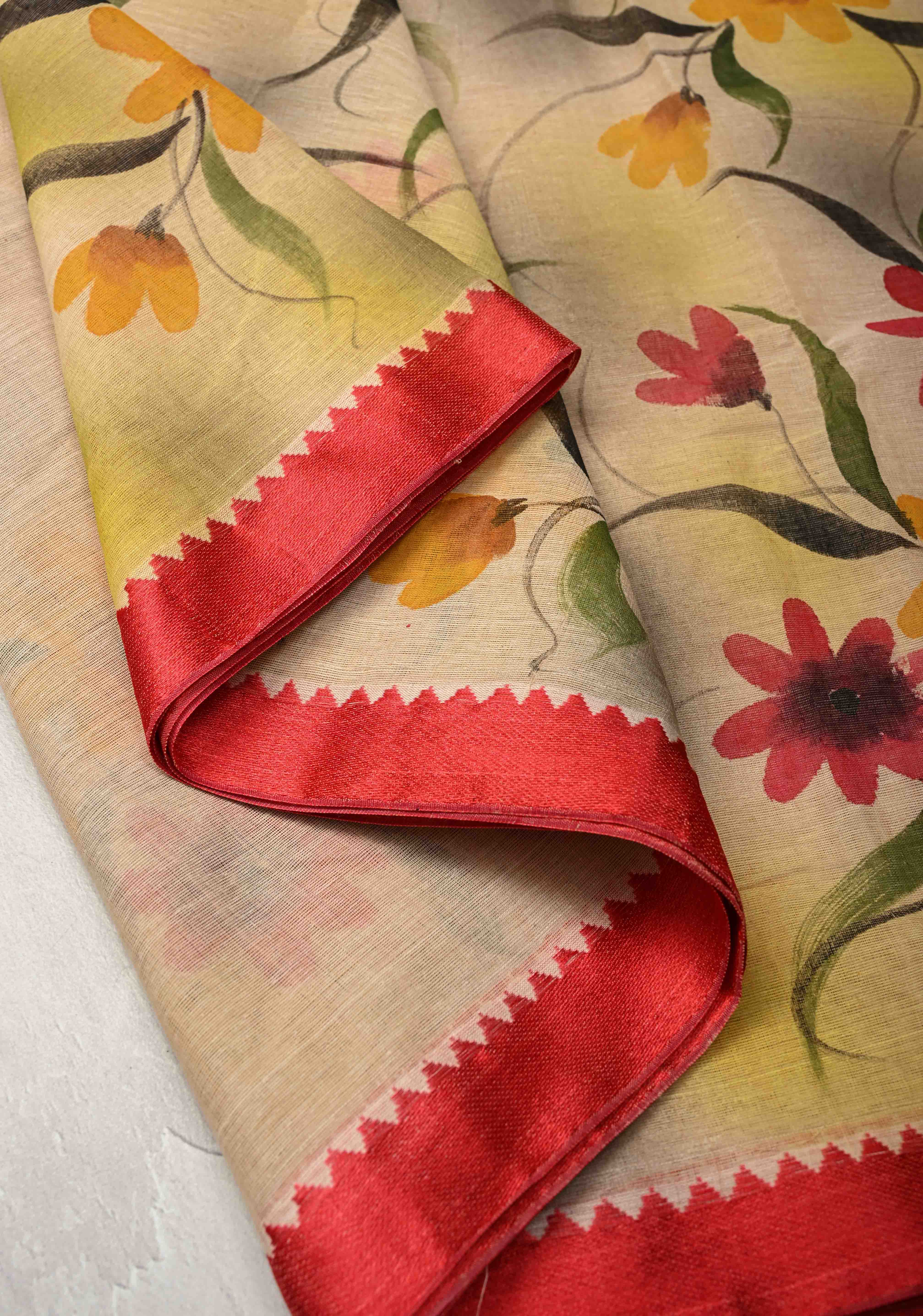 Beige Cotton Saree with Floral Handpainting and Minimal Borders , No Blouse Piece | Shobitam