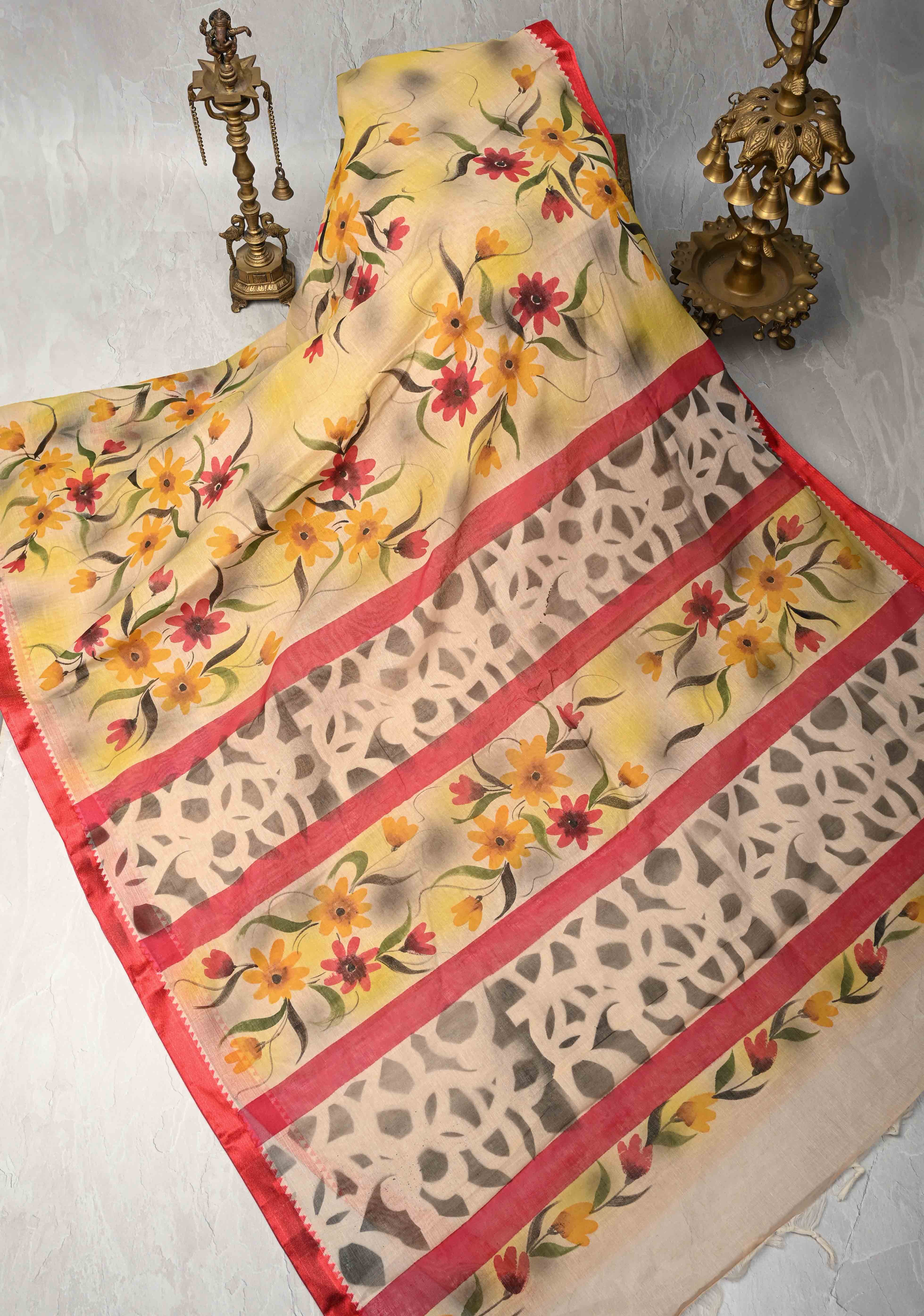 Beige Cotton Saree with Floral Handpainting and Minimal Borders , No Blouse Piece | Shobitam