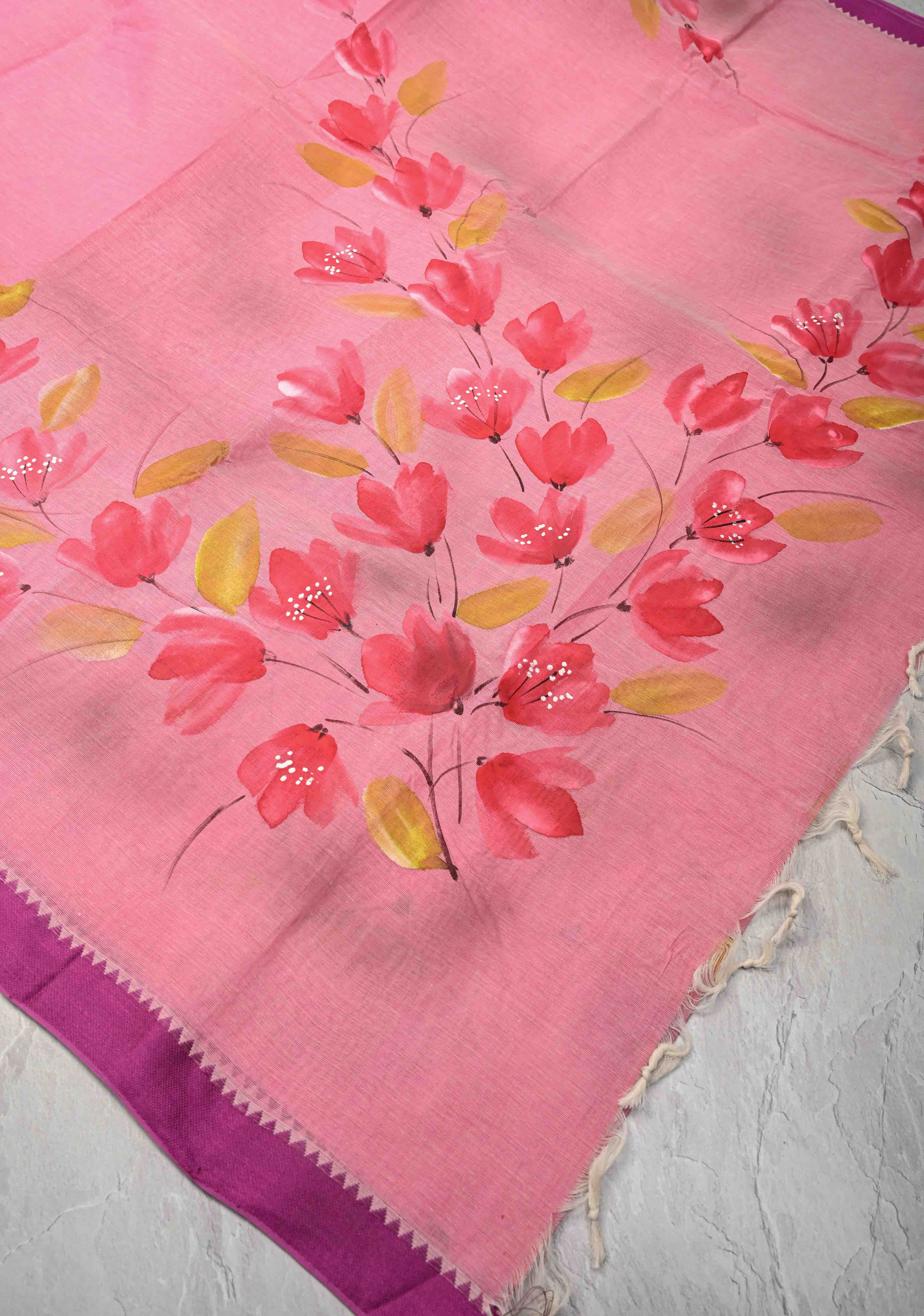 Pink Cotton Saree with Floral Handpainting and Minimal Borders , No Blouse Piece | Shobitam