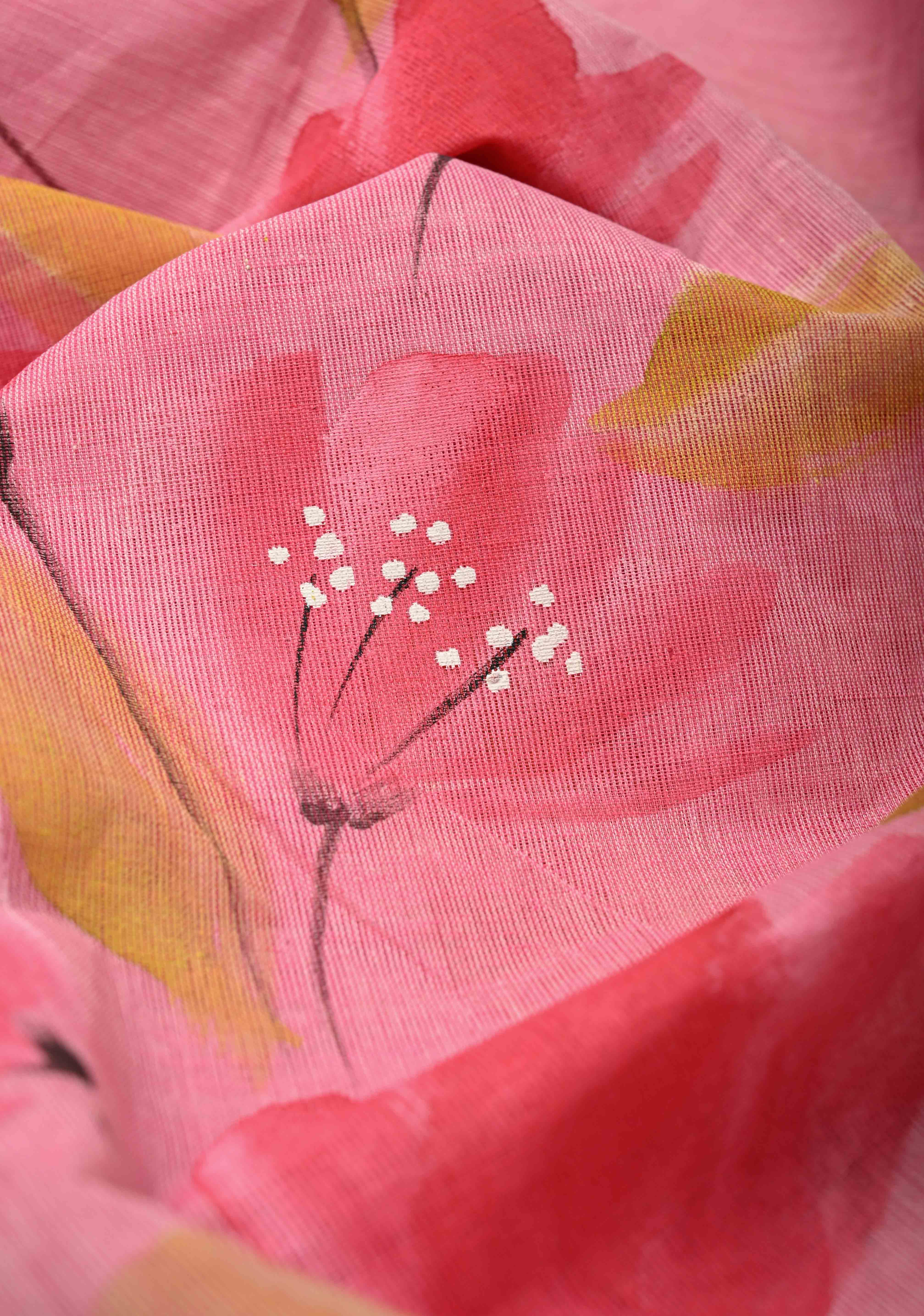 Pink Cotton Saree with Floral Handpainting and Minimal Borders , No Blouse Piece | Shobitam