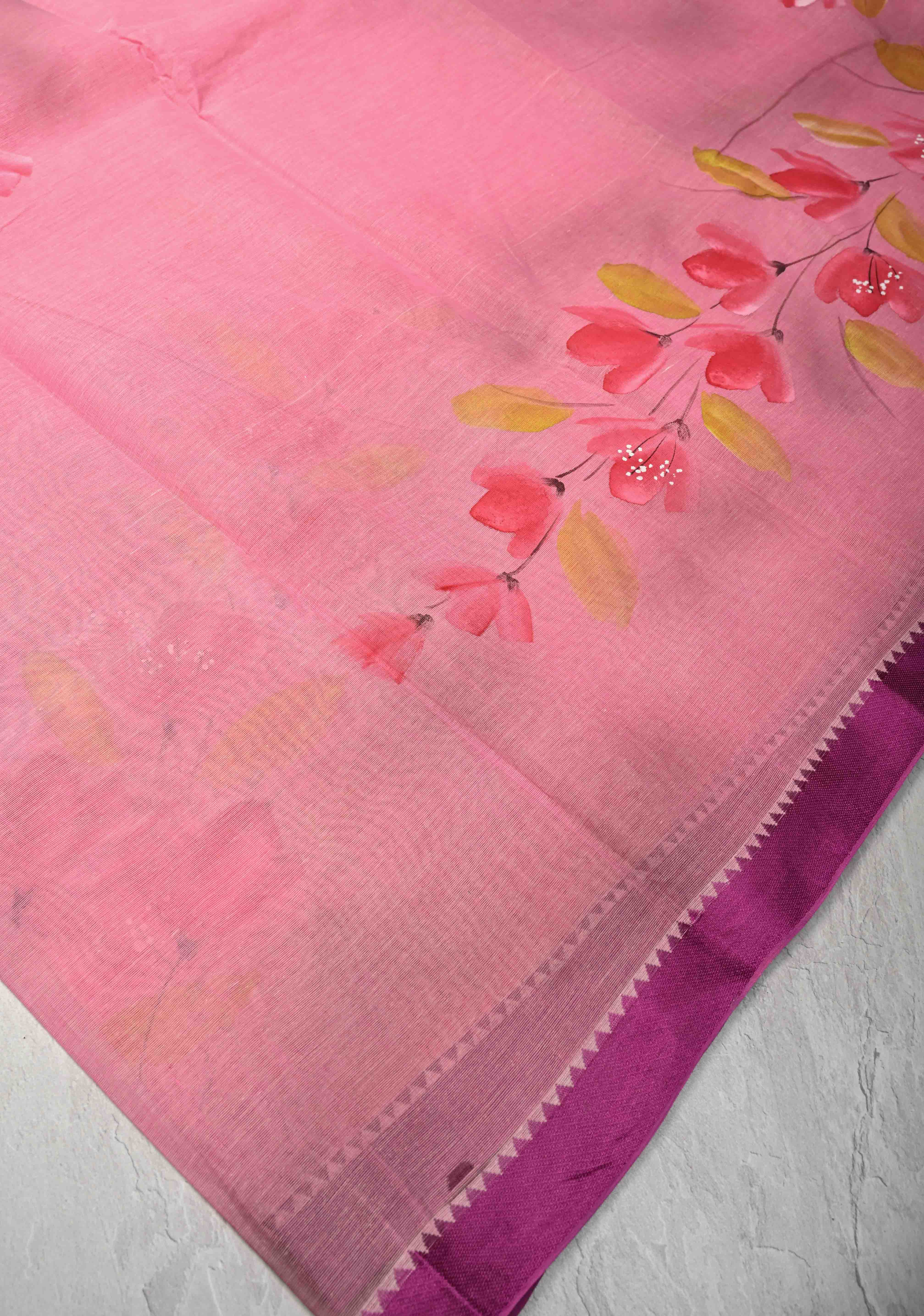 Pink Cotton Saree with Floral Handpainting and Minimal Borders , No Blouse Piece | Shobitam