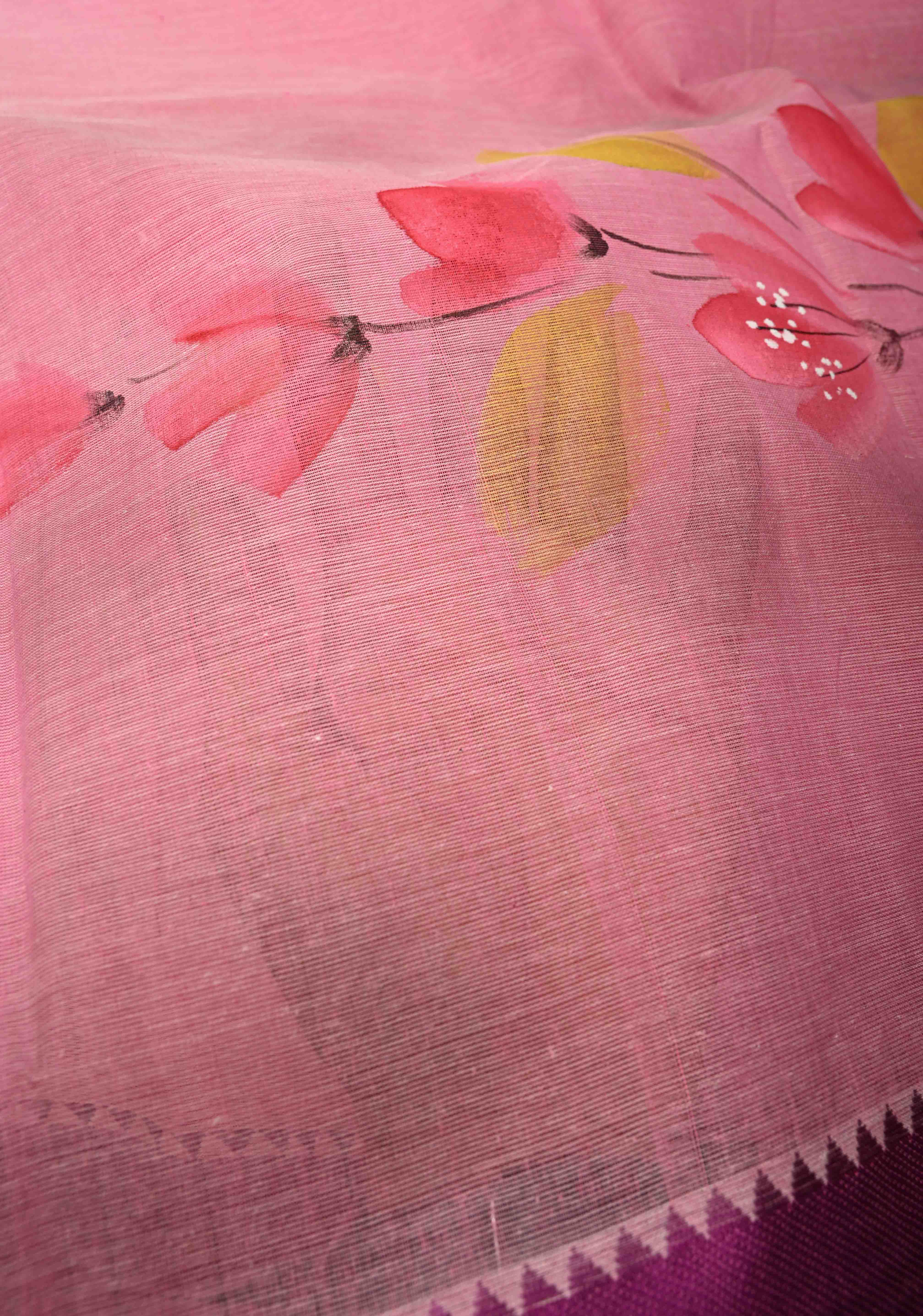Pink Cotton Saree with Floral Handpainting and Minimal Borders , No Blouse Piece | Shobitam