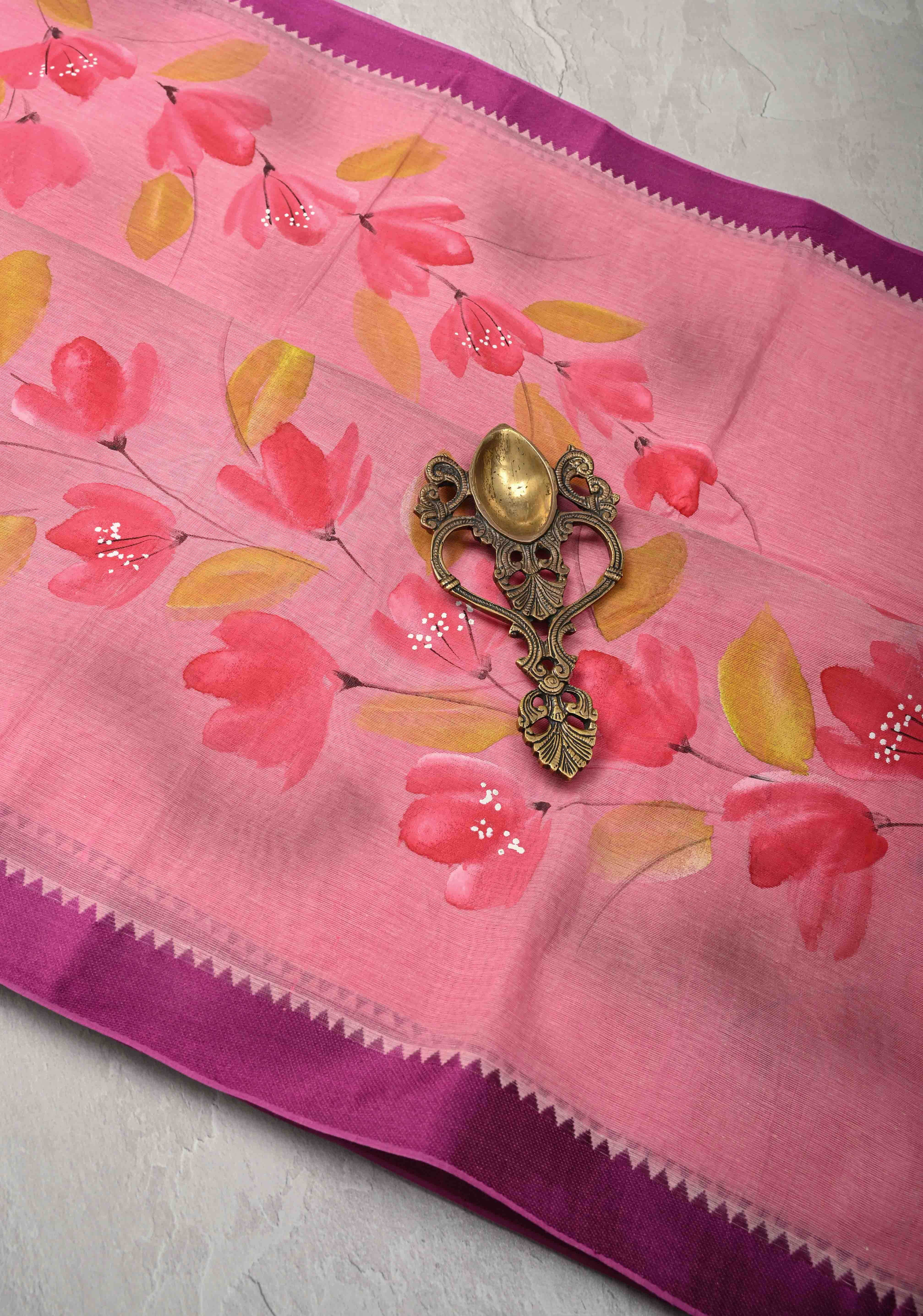 Pink Cotton Saree with Floral Handpainting and Minimal Borders , No Blouse Piece | Shobitam