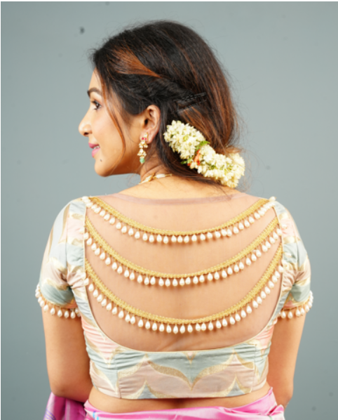Banarasi Blouse in Gray Pink rangkaat designin pastel hues with beaded back detailing, Customizable, Made to Order | SHOBITAM