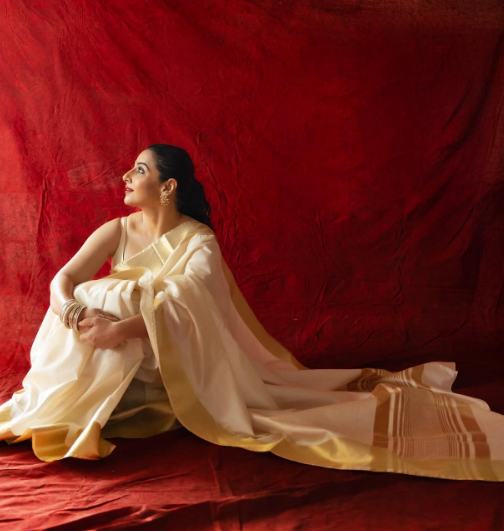 Ivory Pure Raw Silk Saree with Gold Tissue Zari Border | SILK MARK CERTIFIED | Shobitam