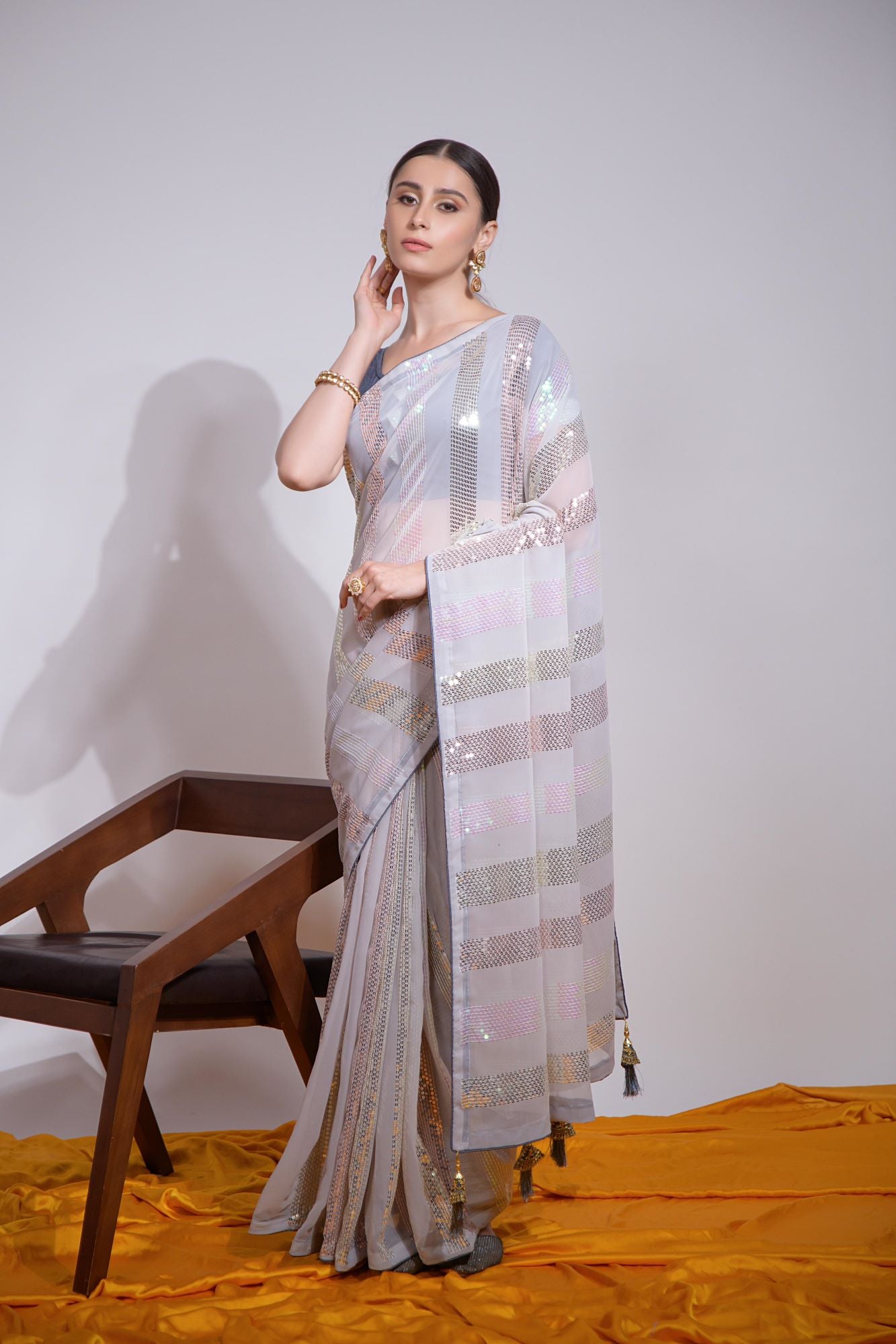 Party Wear Georgette Multi-Sequence Embellishments & Elegant Latkan on Pallu Wrap in 1 minute Saree