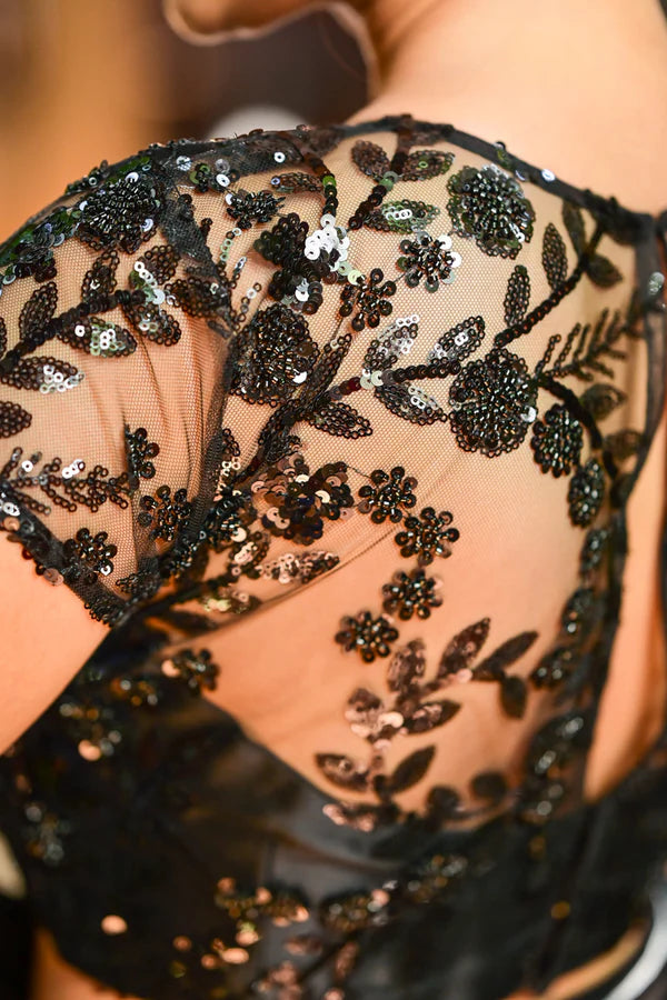 Beautiful Black Net With Sheer Yoke & shimmering Black Floral & Sequin Design Blouse