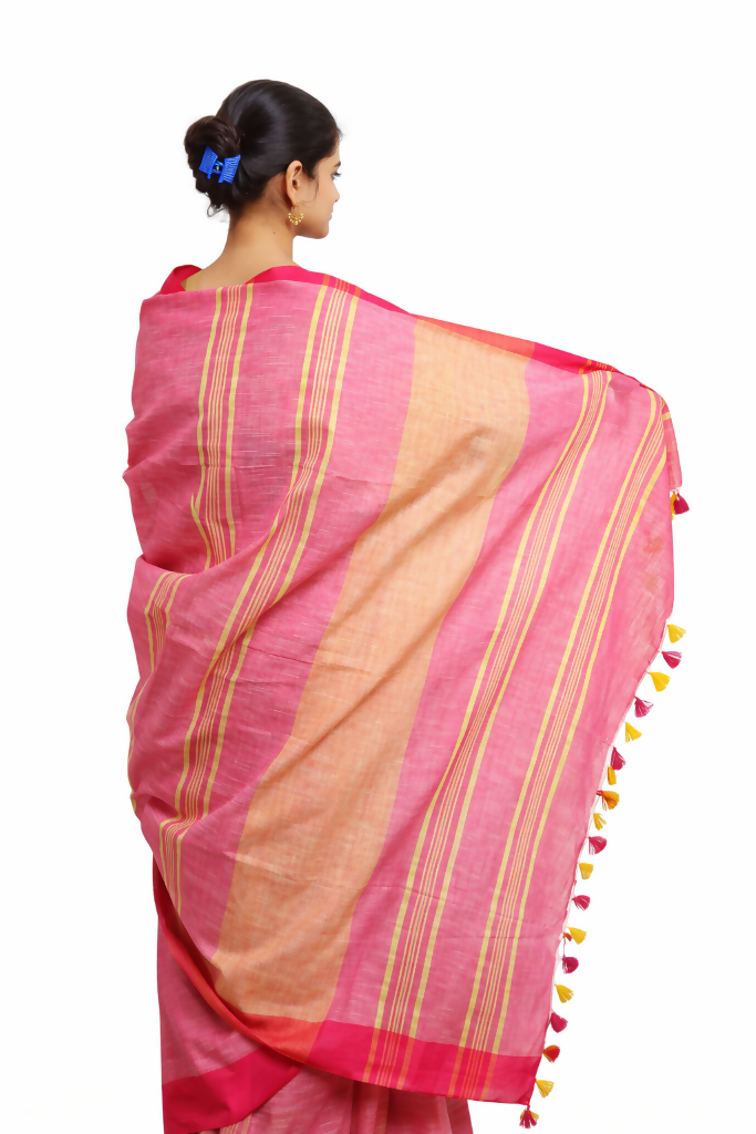 Blush Pink Pure cotton Saree with Yellow Stripes  | SHOBITAM