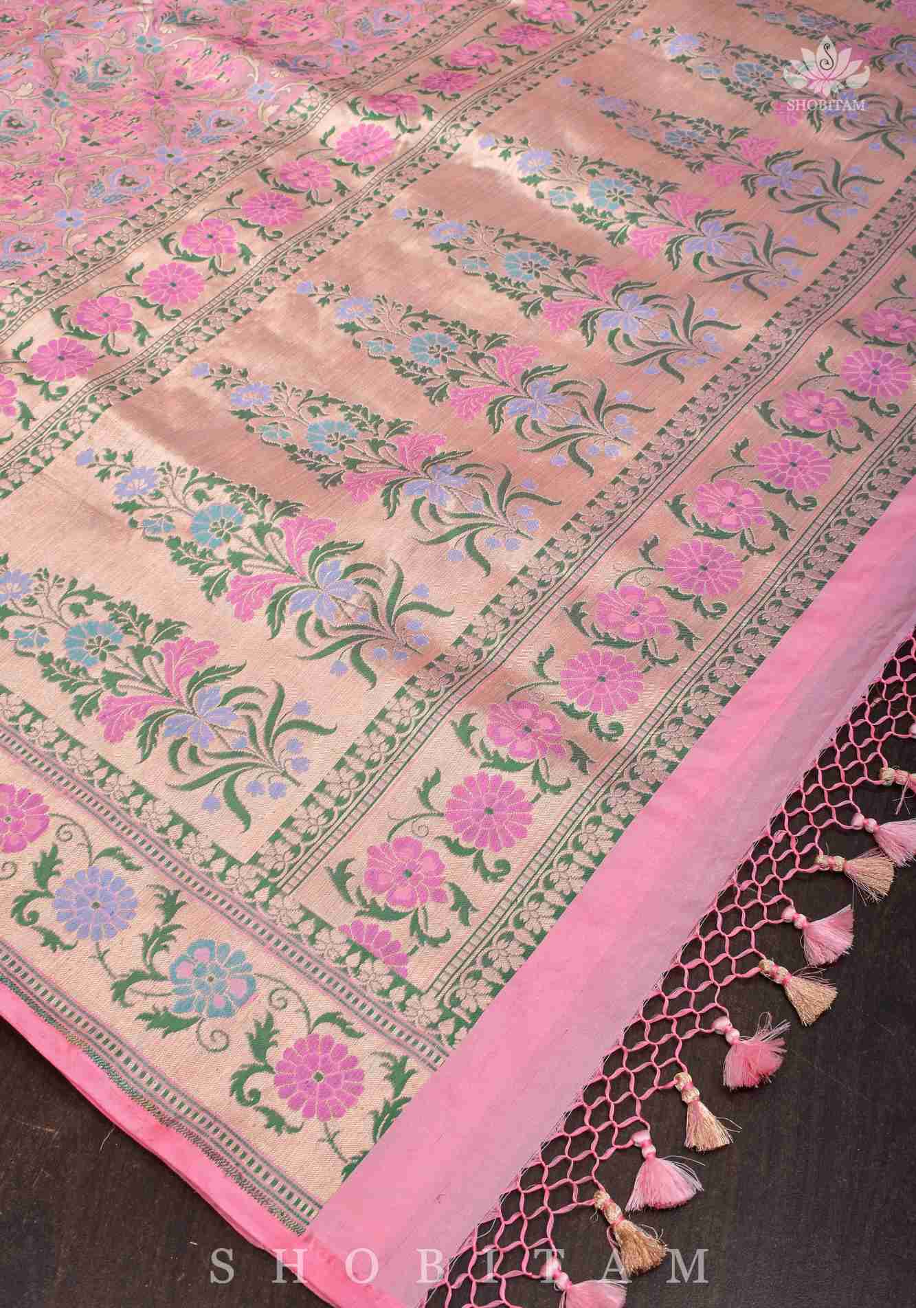 Ready To Wear Baby Pink Pure Katan Silk Meenakari Banarasi Saree with Patola Design Intricate Jaal  | SILK MARK CERTIFIED