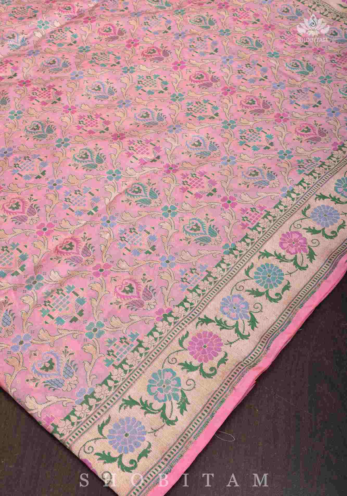 Ready To Wear Baby Pink Pure Katan Silk Meenakari Banarasi Saree with Patola Design Intricate Jaal  | SILK MARK CERTIFIED