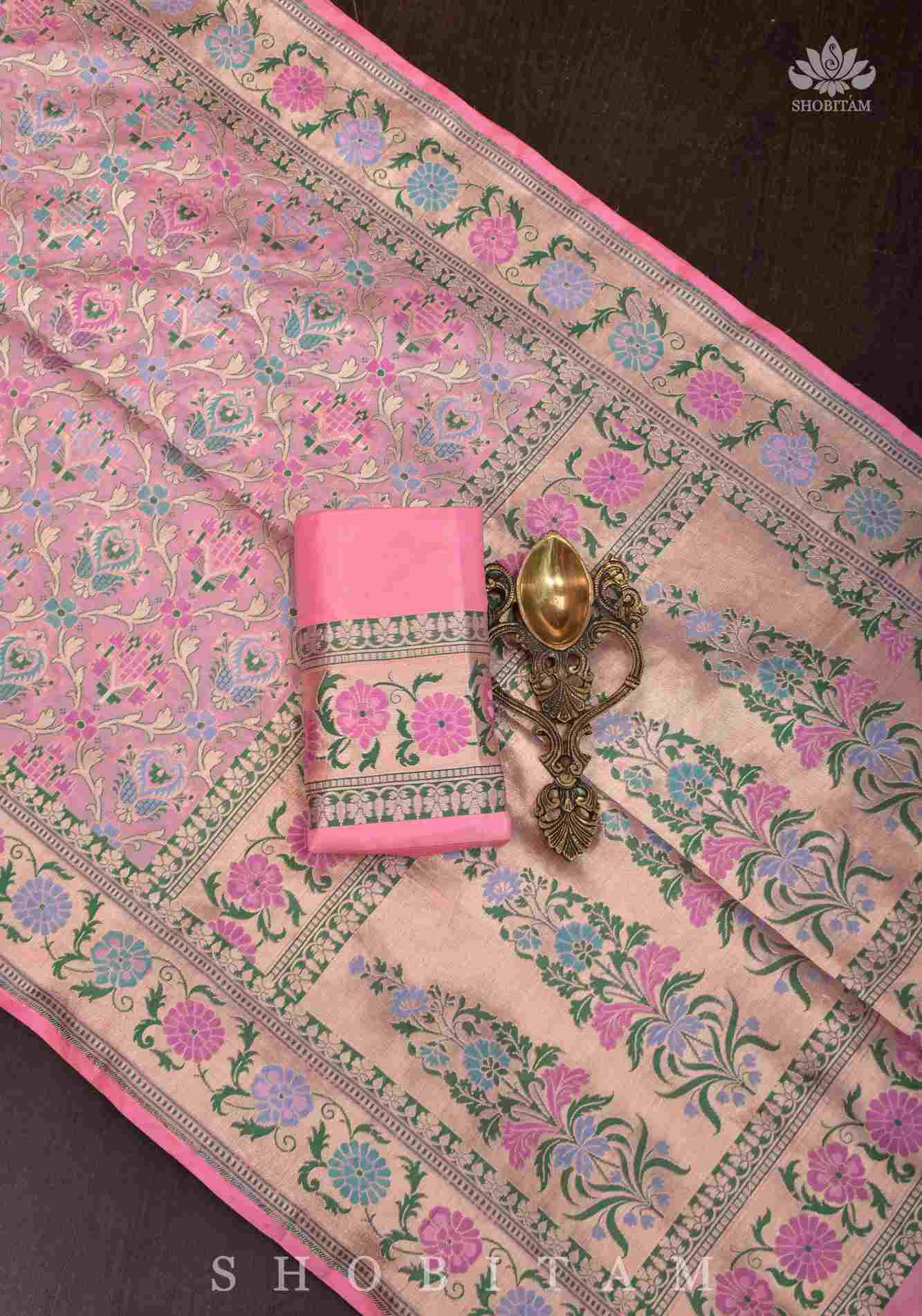 Ready To Wear Baby Pink Pure Katan Silk Meenakari Banarasi Saree with Patola Design Intricate Jaal  | SILK MARK CERTIFIED