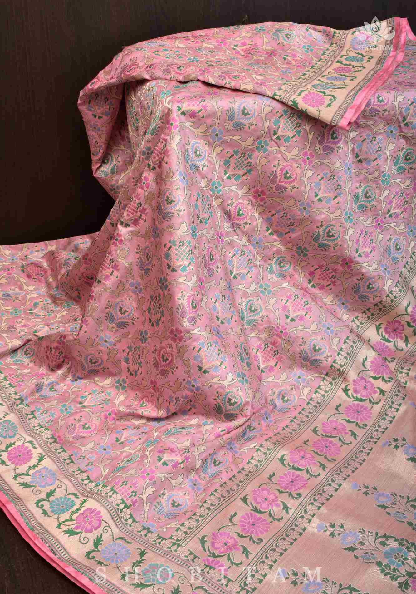 Ready To Wear Baby Pink Pure Katan Silk Meenakari Banarasi Saree with Patola Design Intricate Jaal  | SILK MARK CERTIFIED