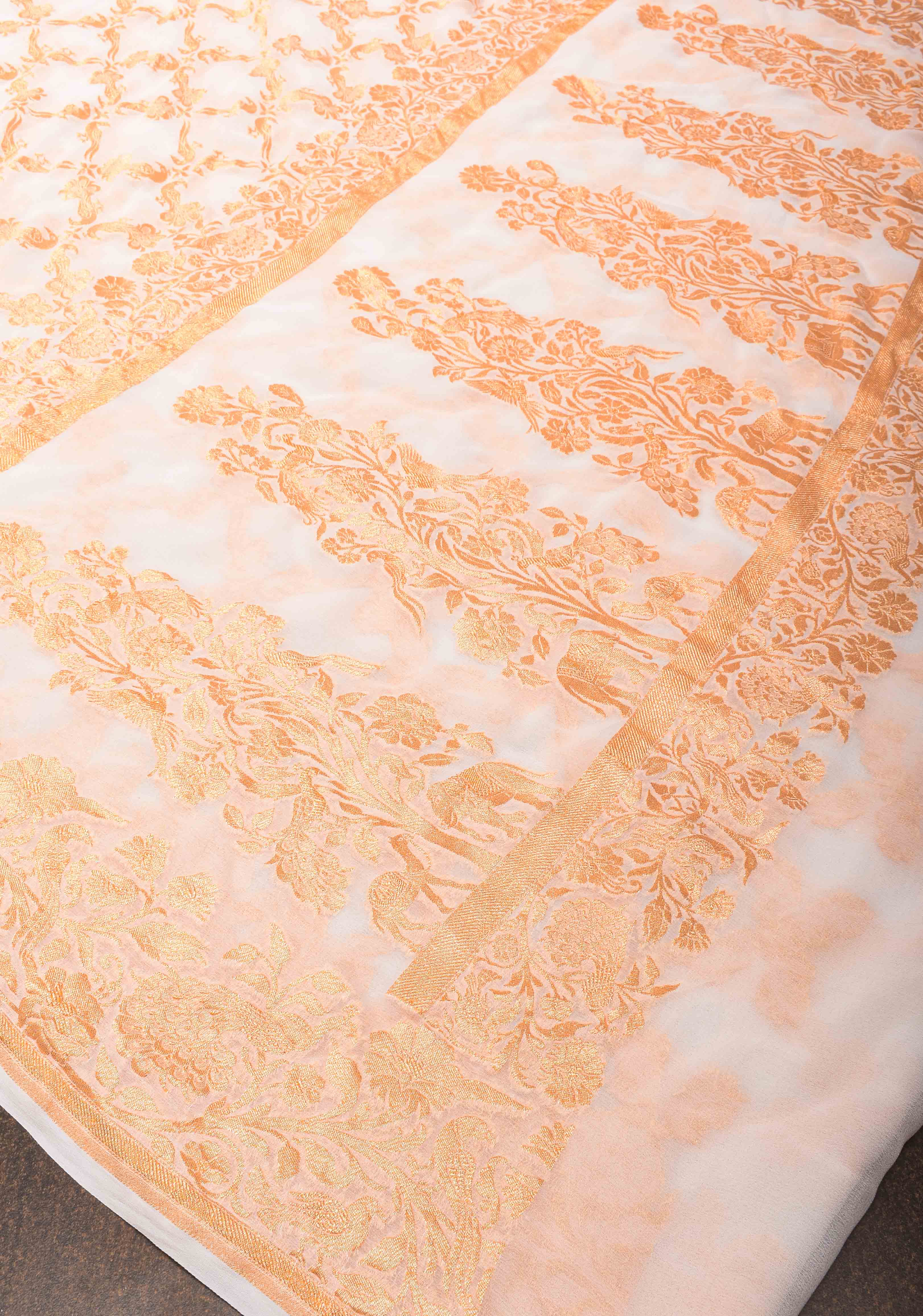 Vidya Balan White Banarasi Georgette Silk Saree with Shikaargah Jaal and Zari Border | SILK MARK CERTIFIED | Shobitam