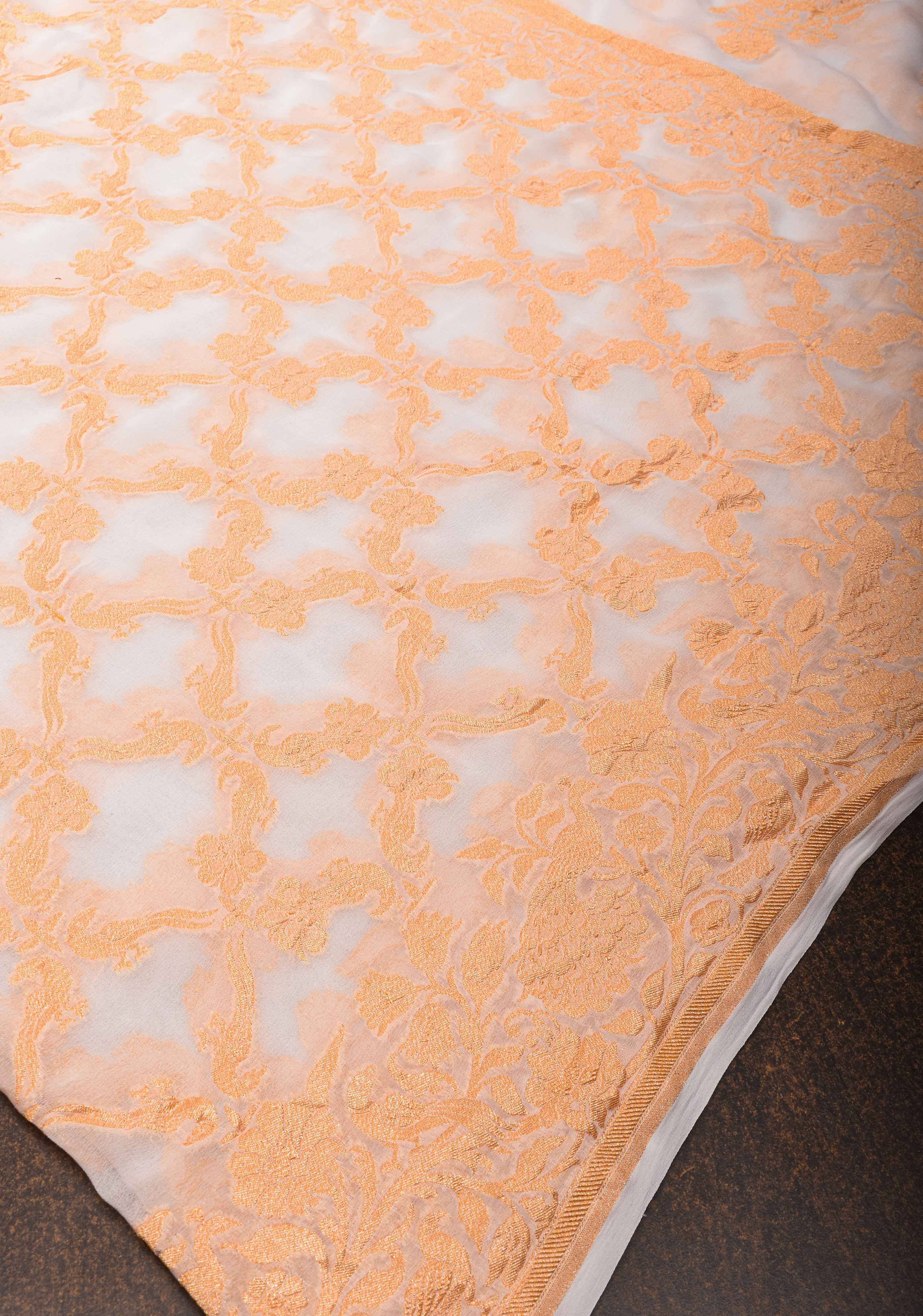 Vidya Balan White Banarasi Georgette Silk Saree with Shikaargah Jaal and Zari Border | SILK MARK CERTIFIED | Shobitam