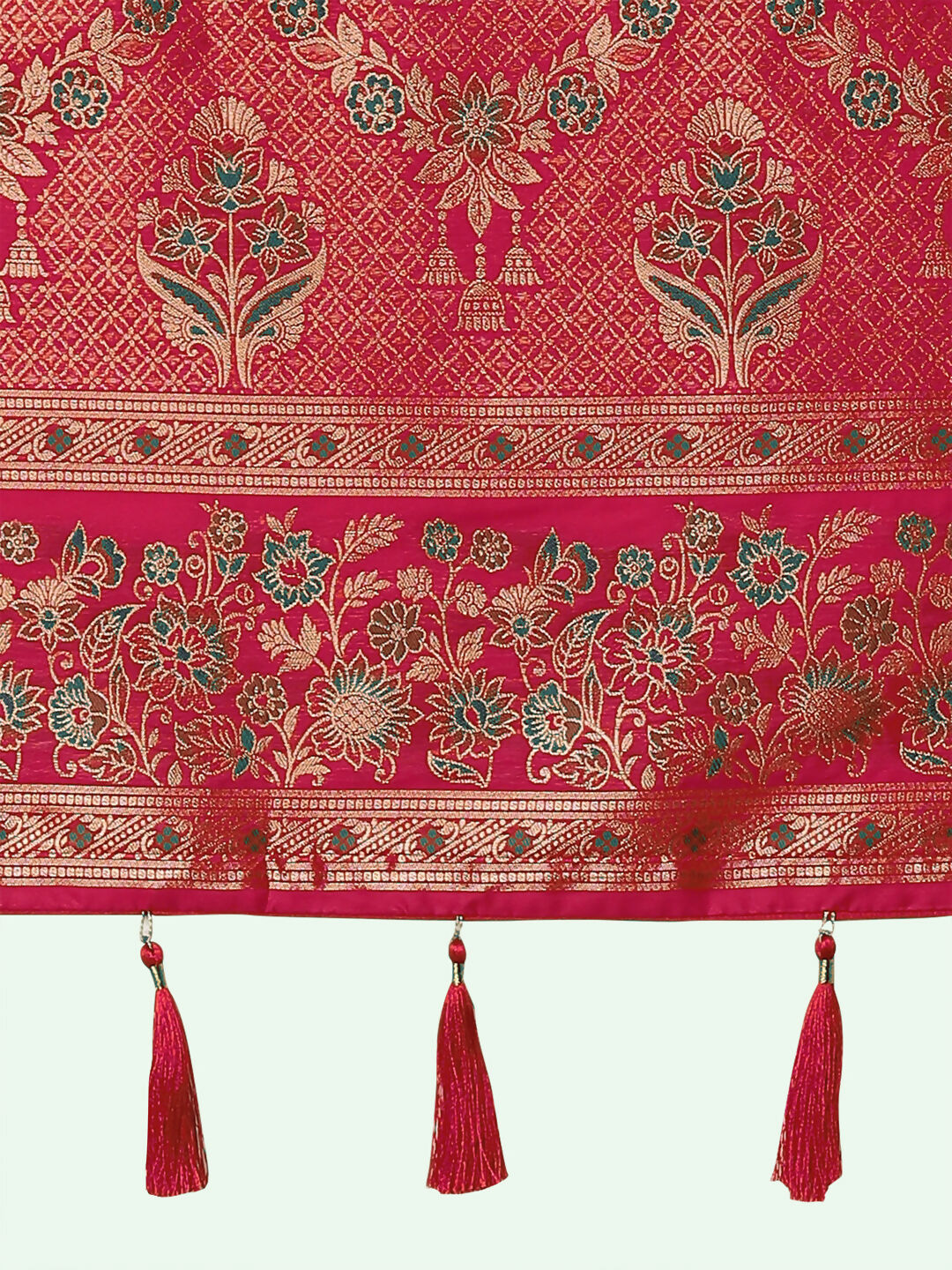 Rani Pink Semi Banarasi Satin silk Saree With Zari Border And Butti Work  | Shobitam