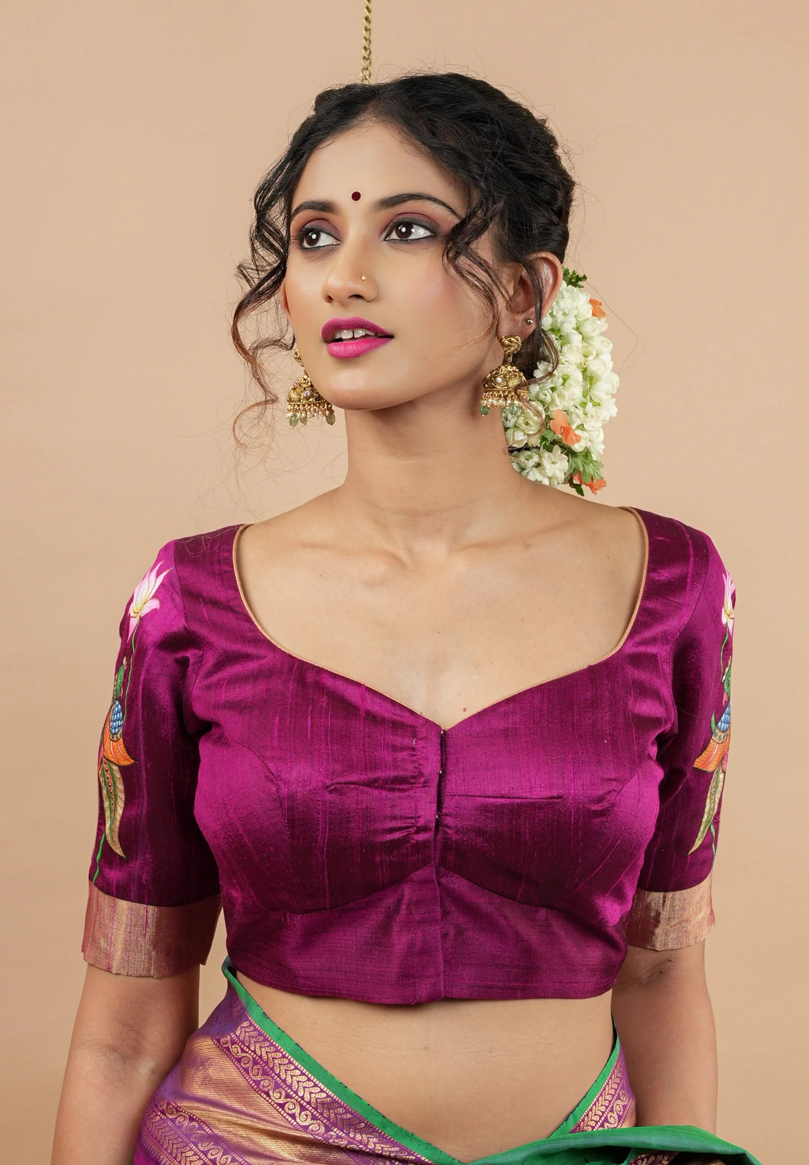 Beautiful Pink Raw Silk With Hand painting & Cutout Designer blouse