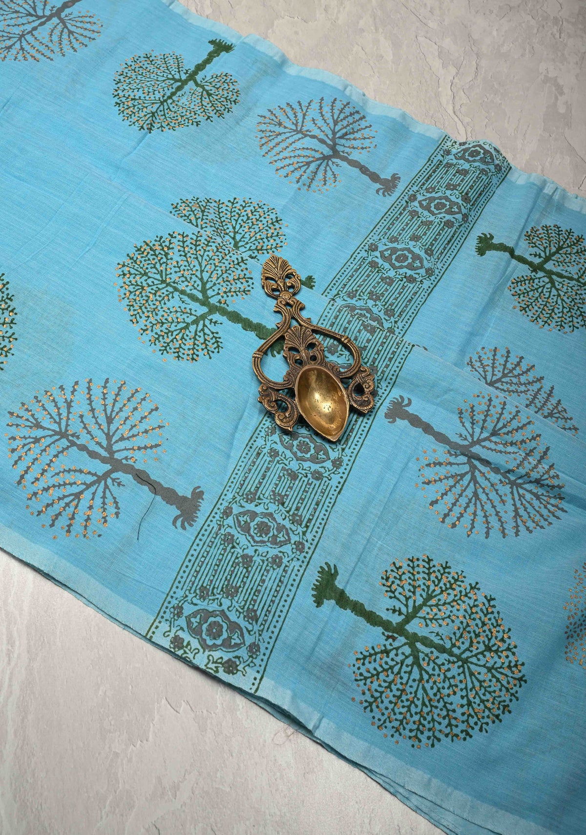 Aqua Blue Uppada Handloom Cotton Saree with Tree of life Buttas on Border and Pallu | SHOBITAM