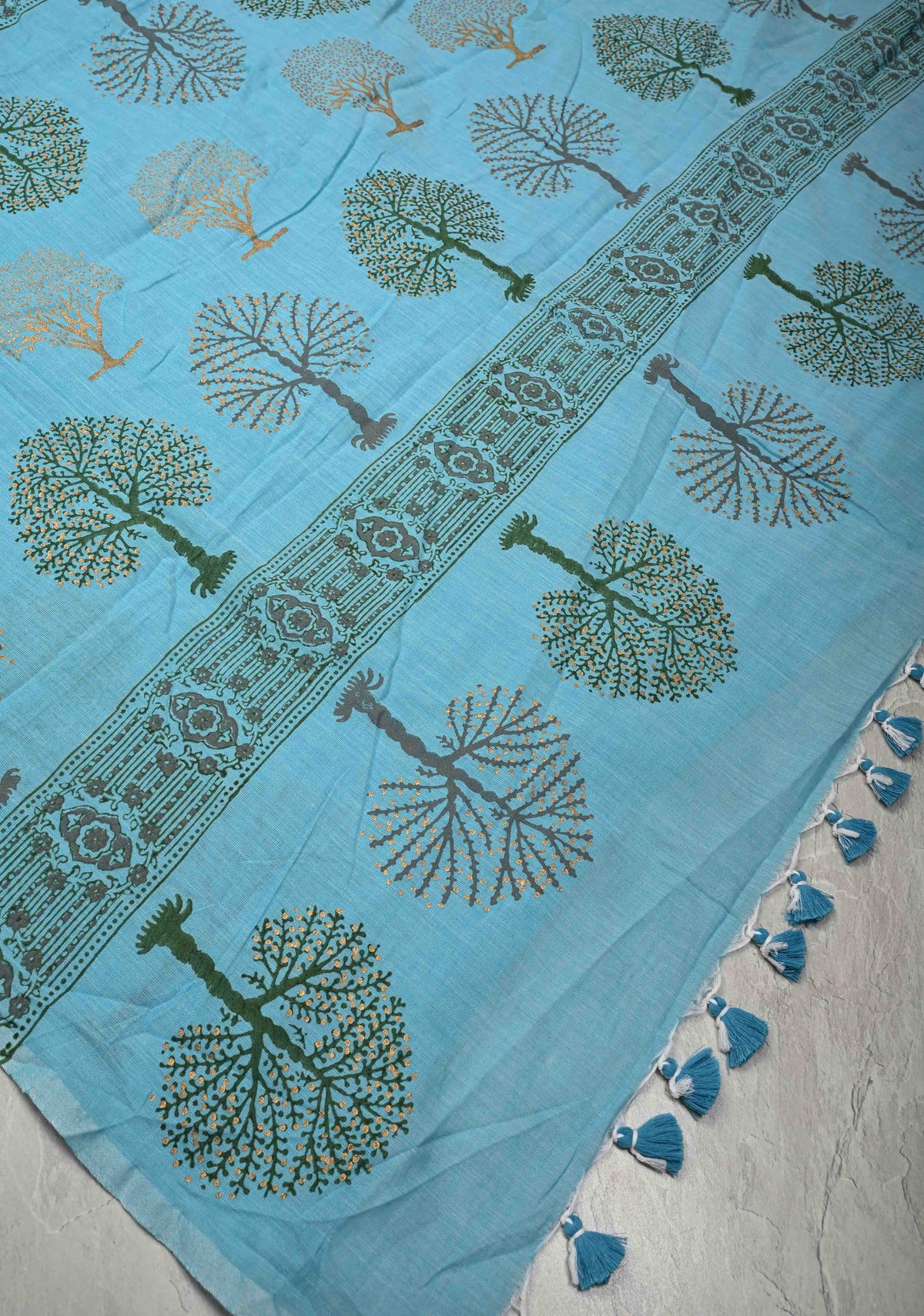 Aqua Blue Uppada Handloom Cotton Saree with Tree of life Buttas on Border and Pallu | SHOBITAM
