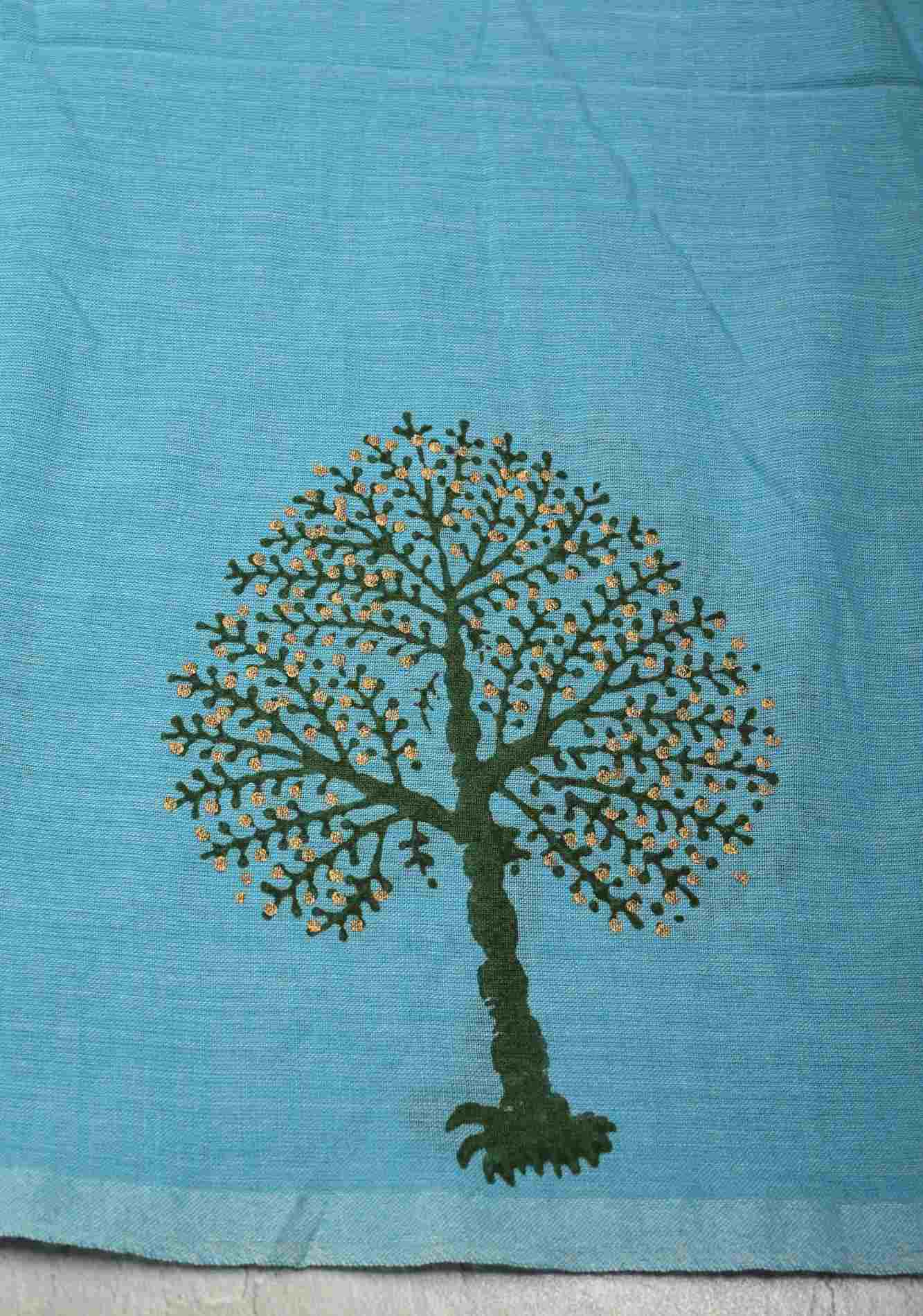 Aqua Blue Uppada Handloom Cotton Saree with Tree of life Buttas on Border and Pallu Ready To Wear Saree