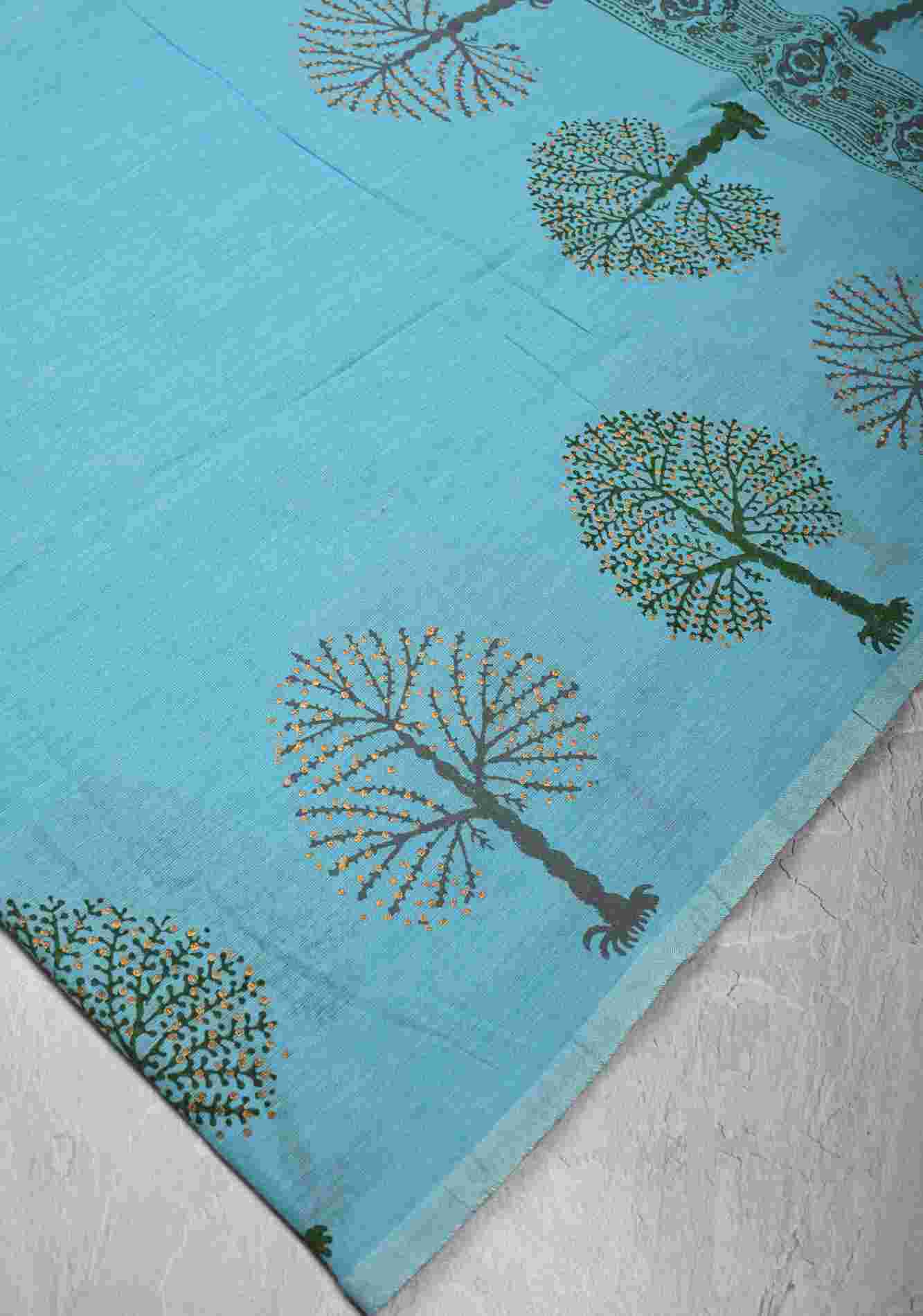 Aqua Blue Uppada Handloom Cotton Saree with Tree of life Buttas on Border and Pallu Ready To Wear Saree