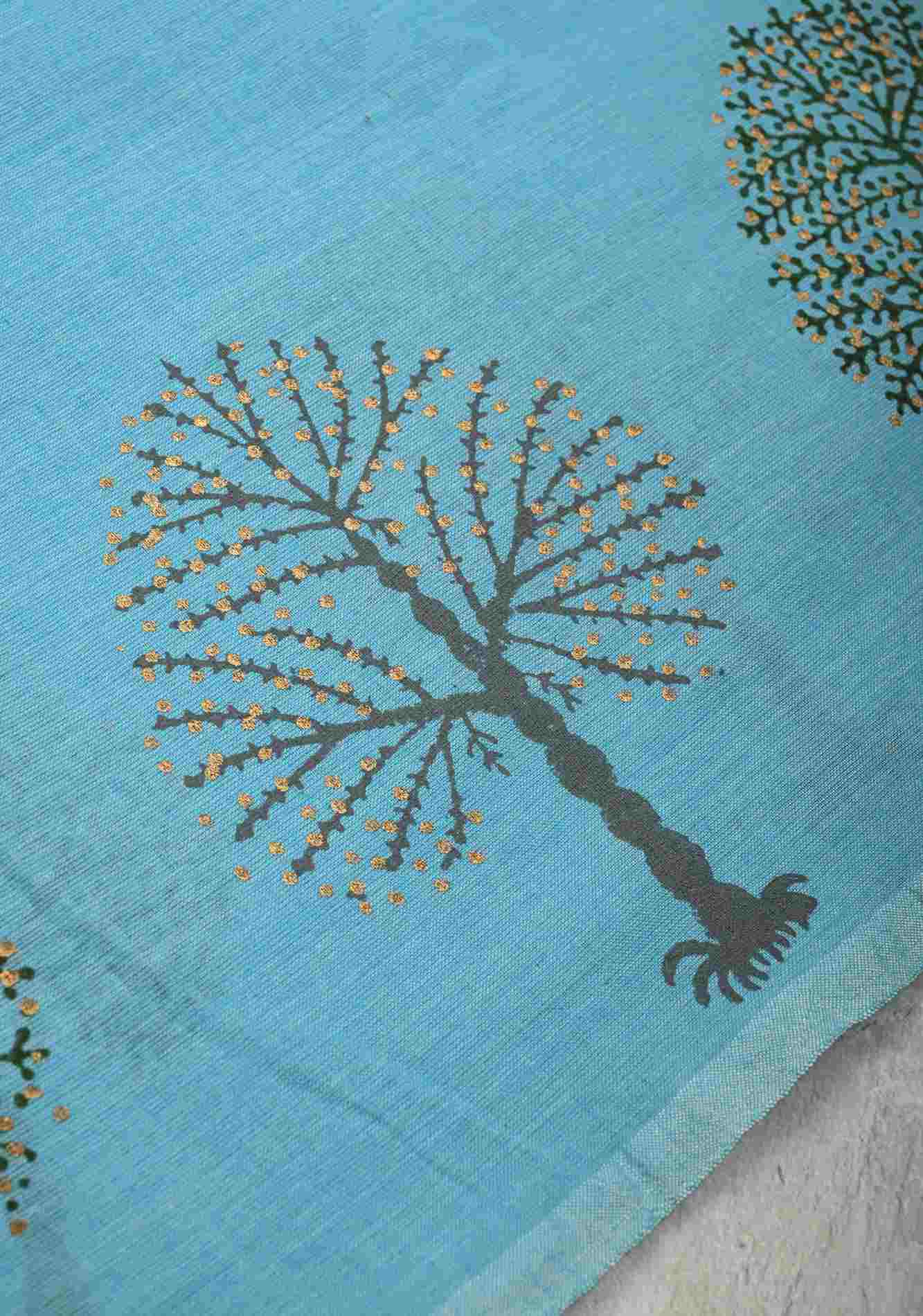 Aqua Blue Uppada Handloom Cotton Saree with Tree of life Buttas on Border and Pallu Ready To Wear Saree