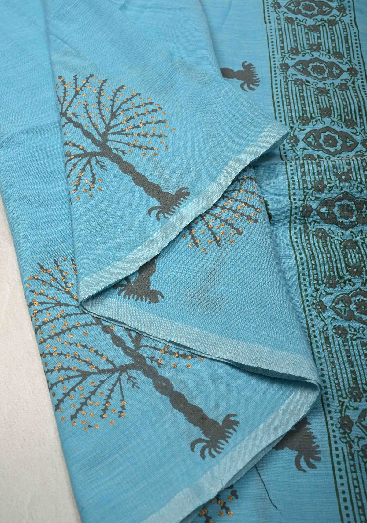 Aqua Blue Uppada Handloom Cotton Saree with Tree of life Buttas on Border and Pallu | SHOBITAM