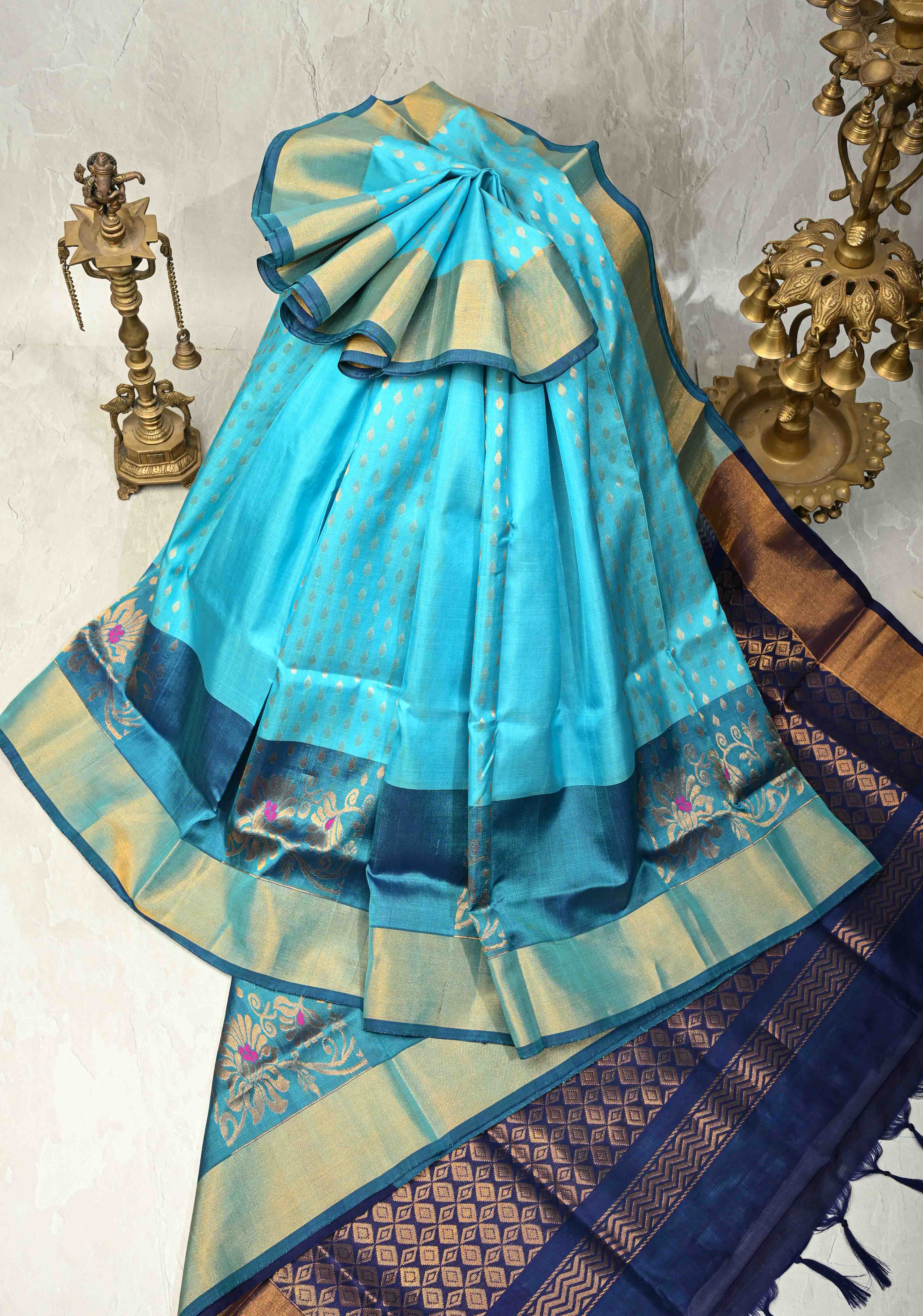 Aqua Uppada Handloom Silk Saree with Meenakari Floral Jaal Panel and Tissue Border | SILK MARK CERTIFIED
