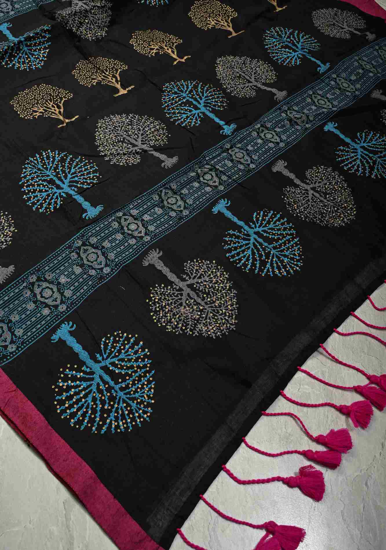 Black Uppada Handloom Cotton Saree with Tree of life Buttas on Minimal Border-Pallu and Long Tassels Ready To Wear Saree