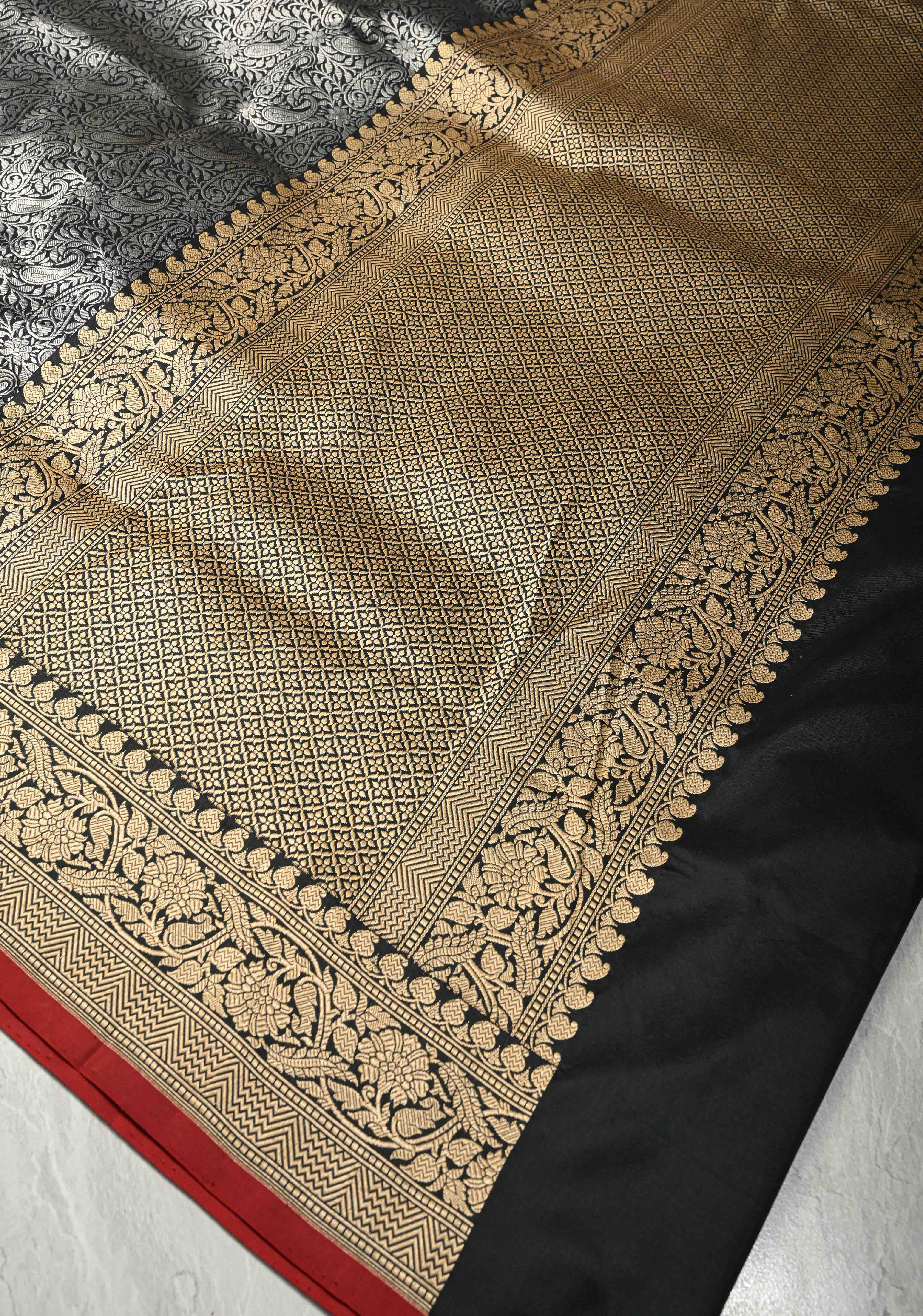 Unique Black Vasket weave on Banarasi Katan Silk Saree with Silver Paisley Zari Brocade and Zari Border | SILK MARK CERTIFIED | SHOBITAM