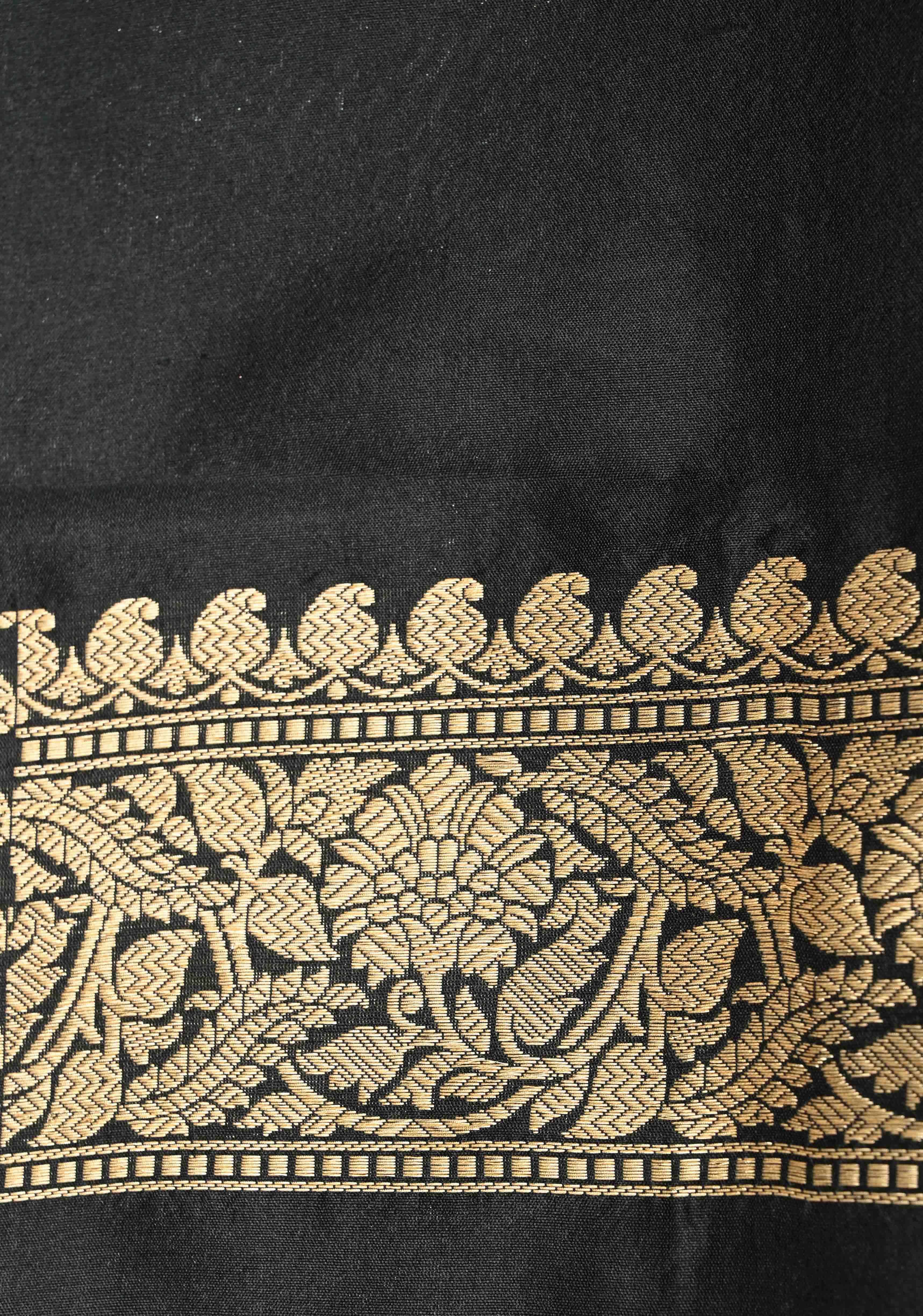 Unique Black Vasket weave on Banarasi Katan Silk Saree with Silver Paisley Zari Brocade and Zari Border | SILK MARK CERTIFIED | SHOBITAM