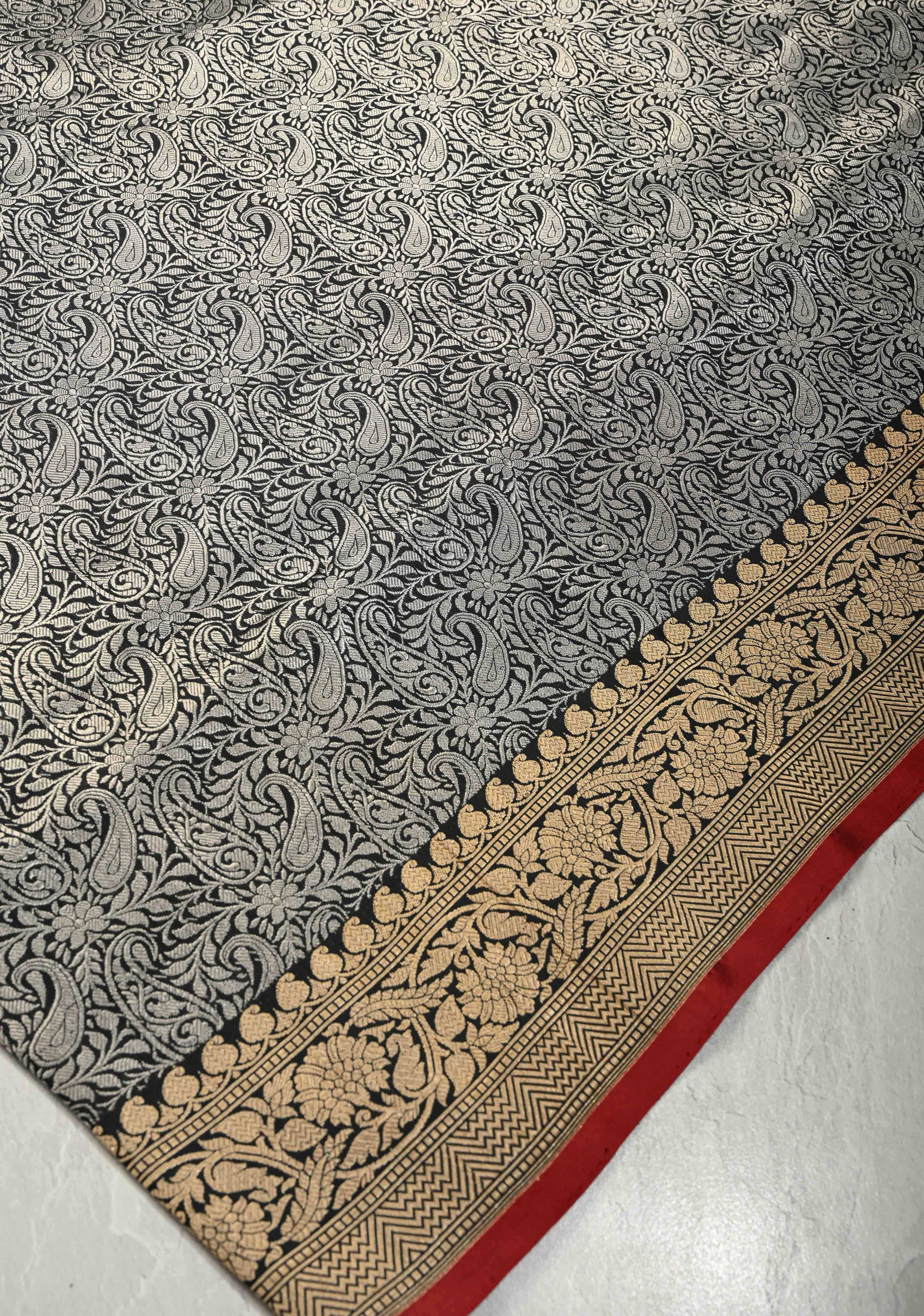 Unique Black Vasket weave on Banarasi Katan Silk Saree with Silver Paisley Zari Brocade and Zari Border | SILK MARK CERTIFIED | SHOBITAM