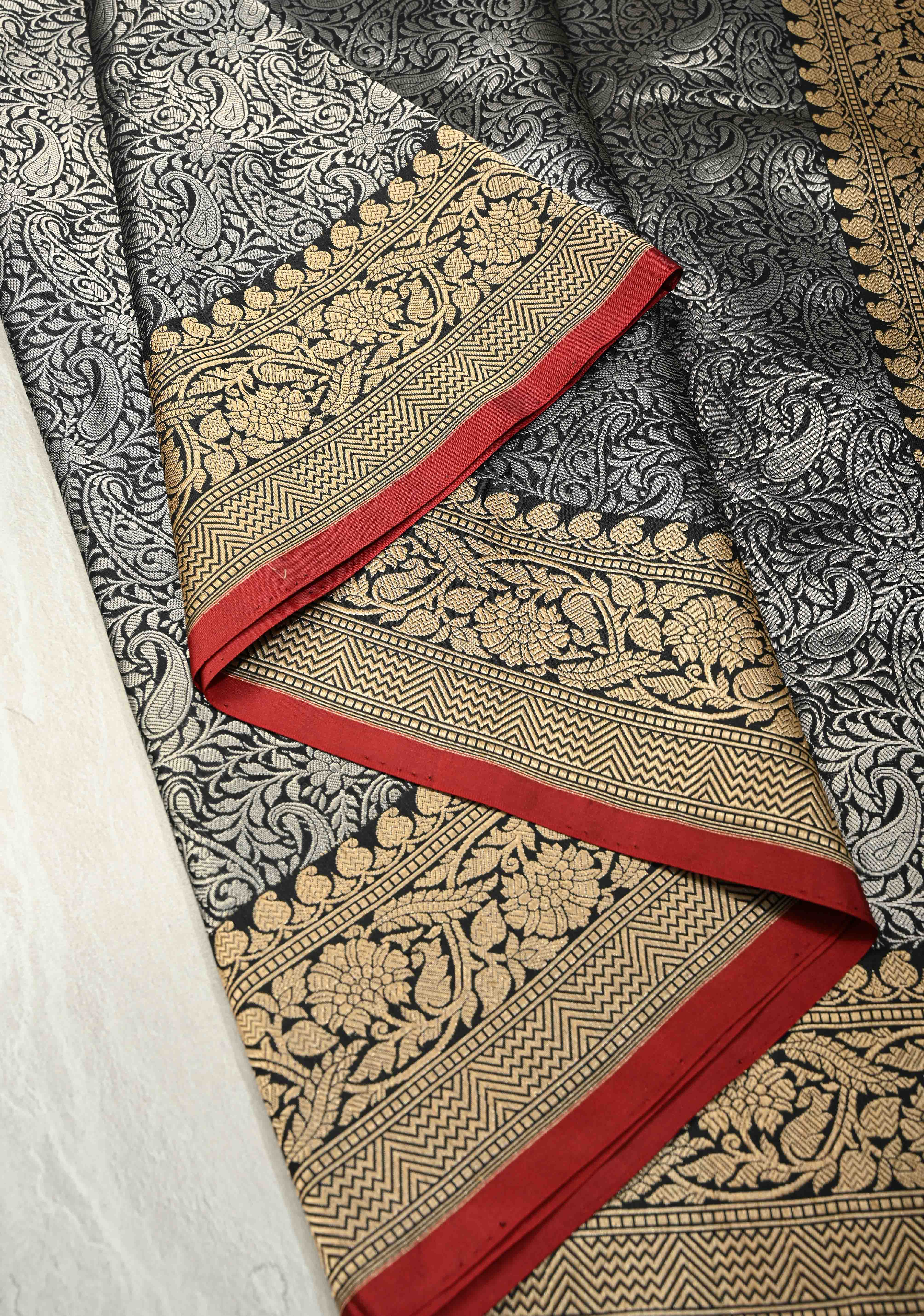 Unique Black Vasket weave on Banarasi Katan Silk Saree with Silver Paisley Zari Brocade and Zari Border | SILK MARK CERTIFIED | SHOBITAM