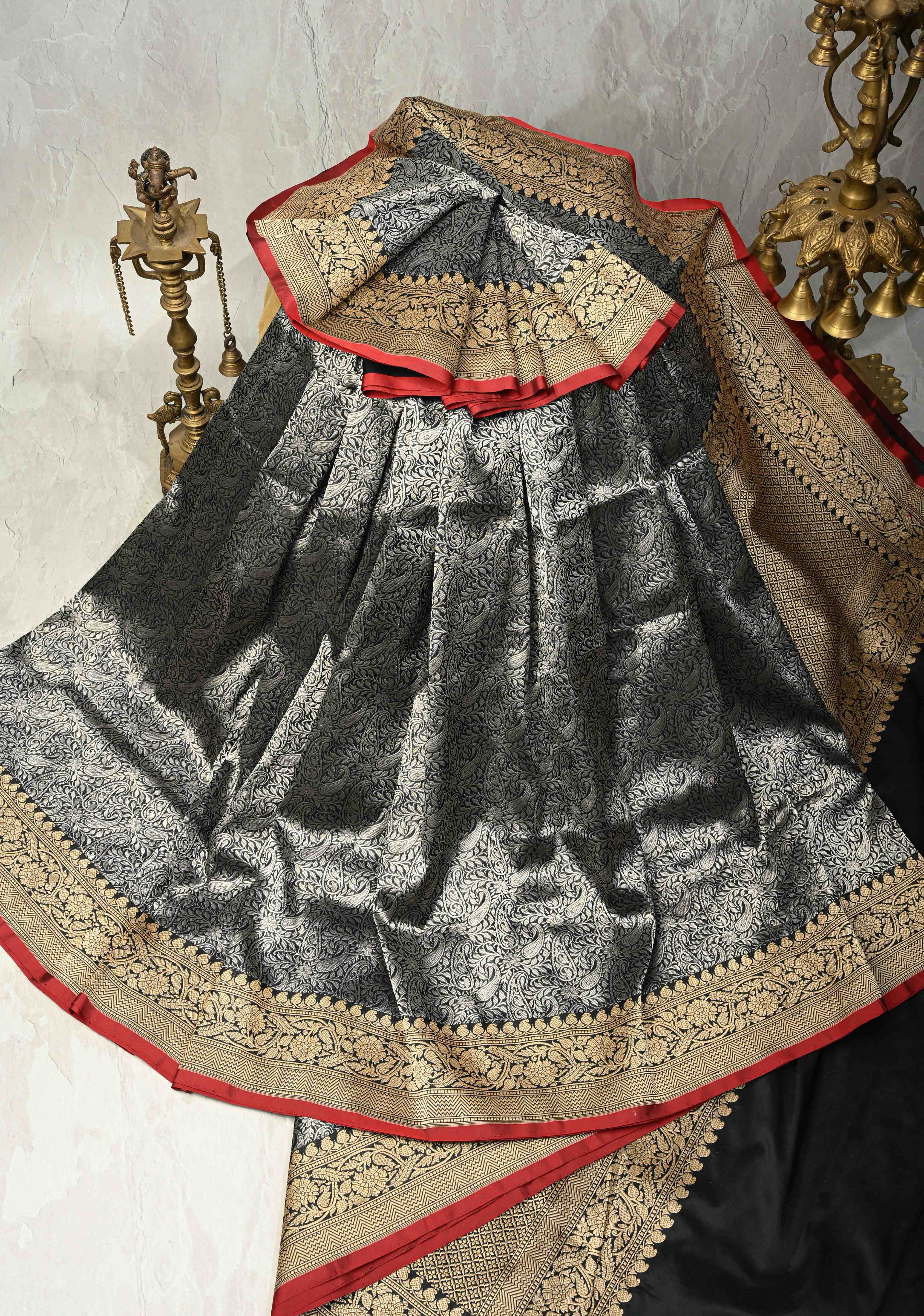 Unique Black Vasket weave on Banarasi Katan Silk Saree with Silver Paisley Zari Brocade and Zari Border | SILK MARK CERTIFIED | SHOBITAM