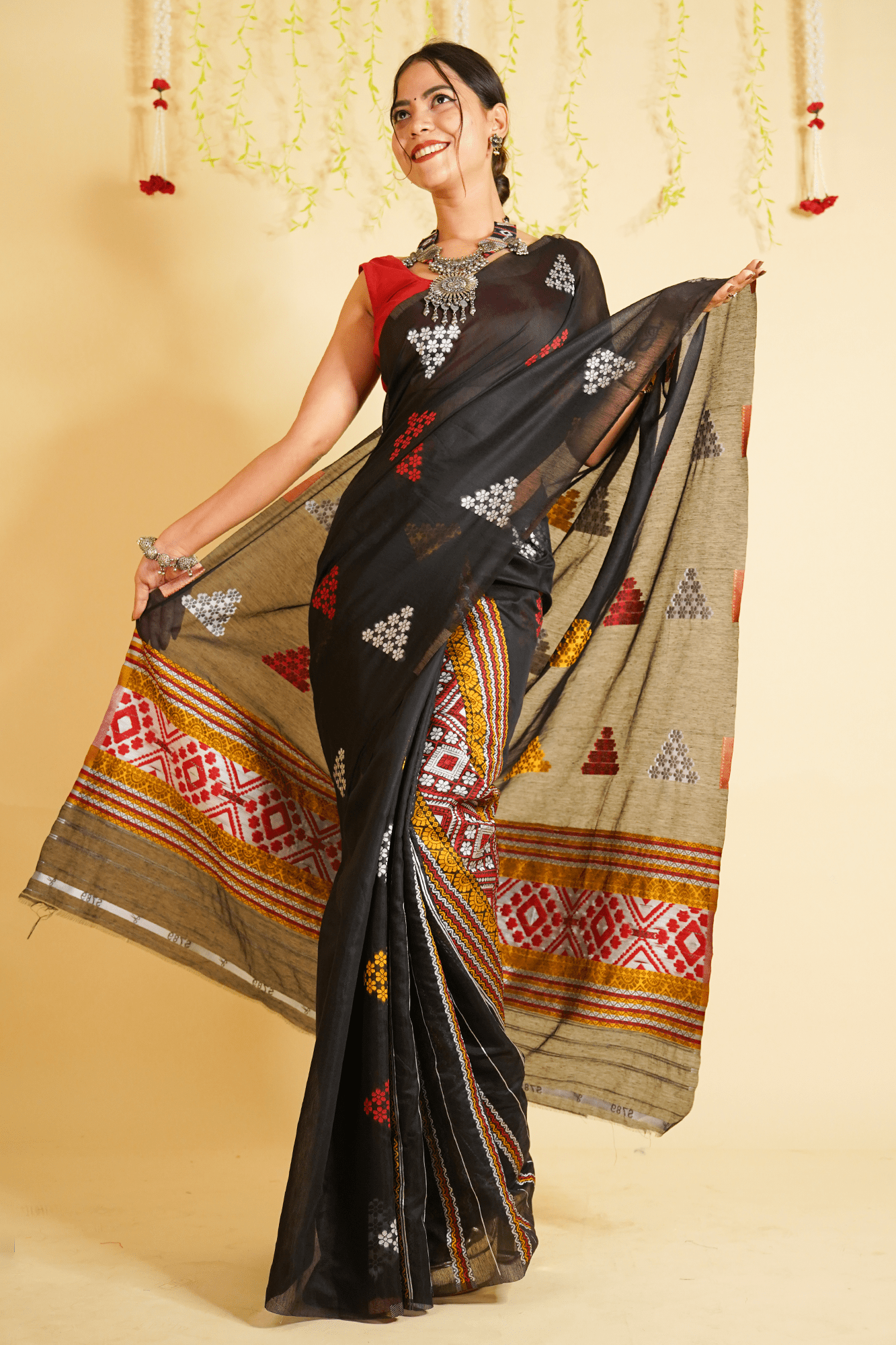 Ready to Wear Assamese Embroidered Center Pleats and Butis  Jamdani cotton Wrap in 1 minute saree With Readymade Blouse - Isadora Life Online Shopping Store