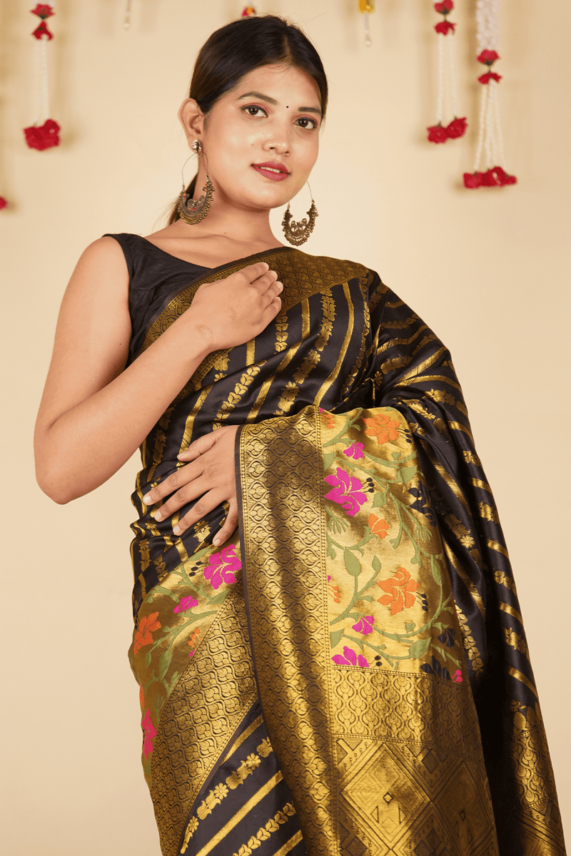 Black & Gold-Toned Striped Banarasi with meenakari work border Wrap in 1 minute saree - Isadora Life Online Shopping Store
